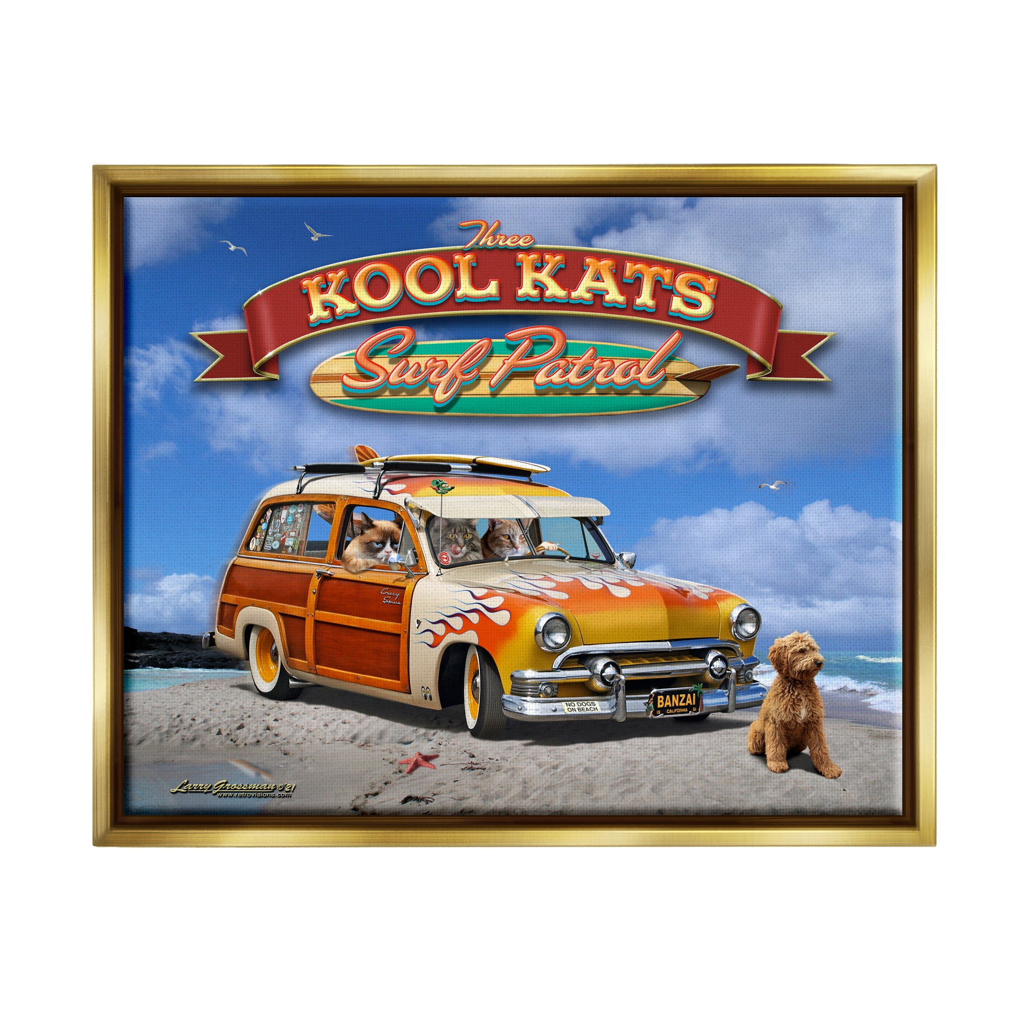 Stupell Industries Kool Kats Beach Transportation Painting Gold Floater Framed Canvas Art Print Wall Art, 21 x 17