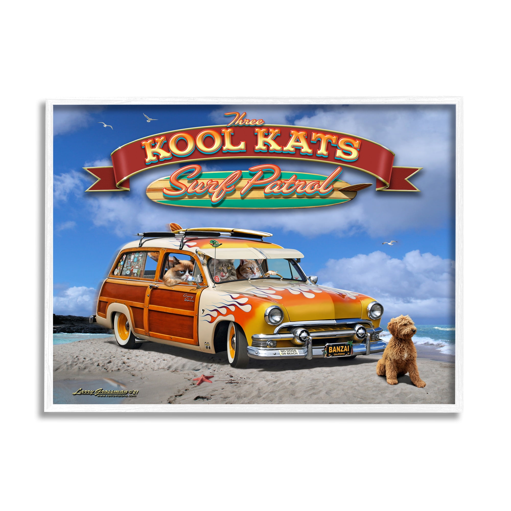 Stupell Industries Kool Kats Beach Transportation Painting White Framed Art Print Wall Art, 20 x 16