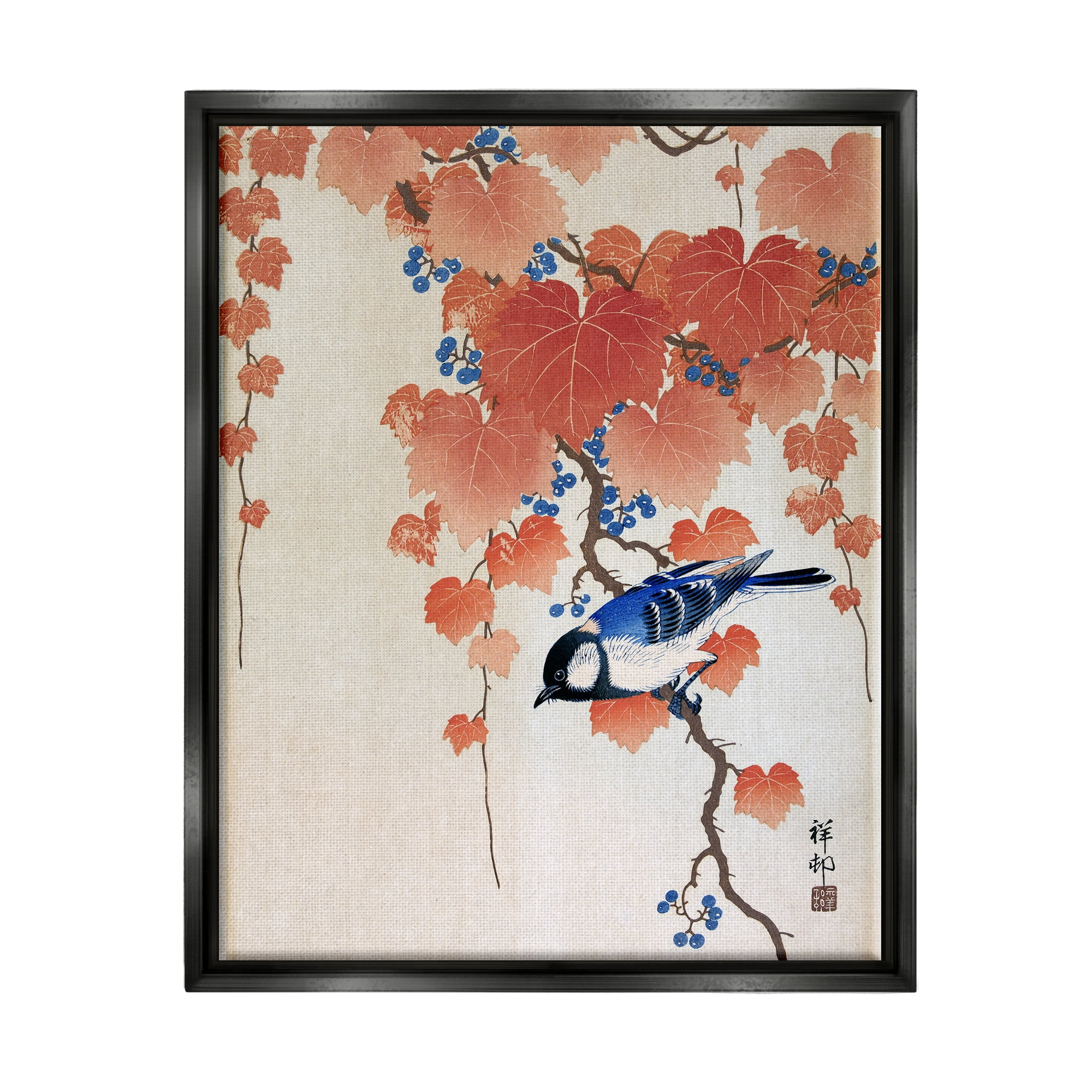 Stupell Industries Koolmees op Paulownia Tak Ohara Koson Classic Bird Painting Painting Jet Black Floating Framed Canvas Print Wall Art, Design by one1000paintings