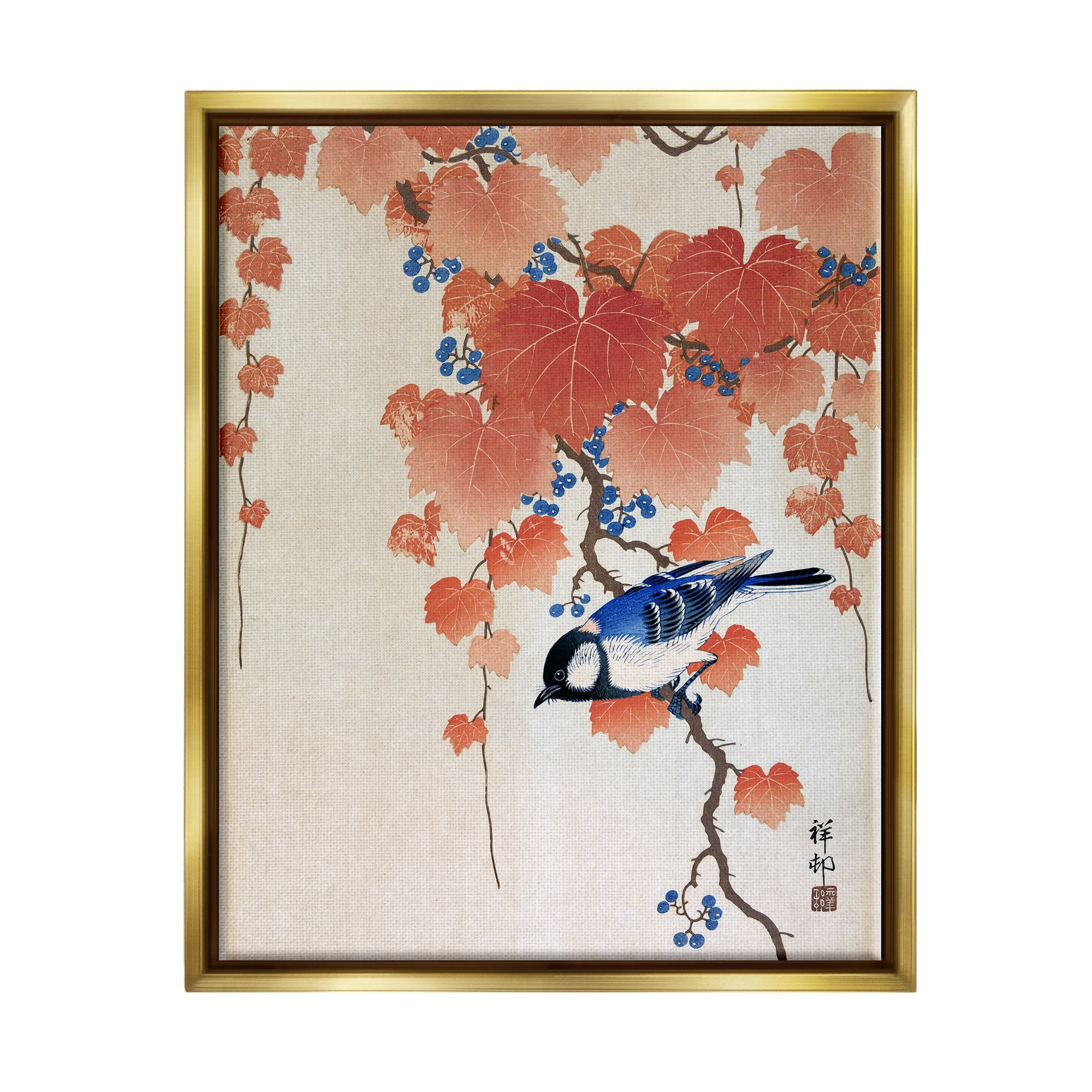 Stupell Industries Koolmees op Paulownia Tak Ohara Koson Classic Bird Painting Painting Metallic Gold Floating Framed Canvas Print Wall Art, Design by one1000paintings