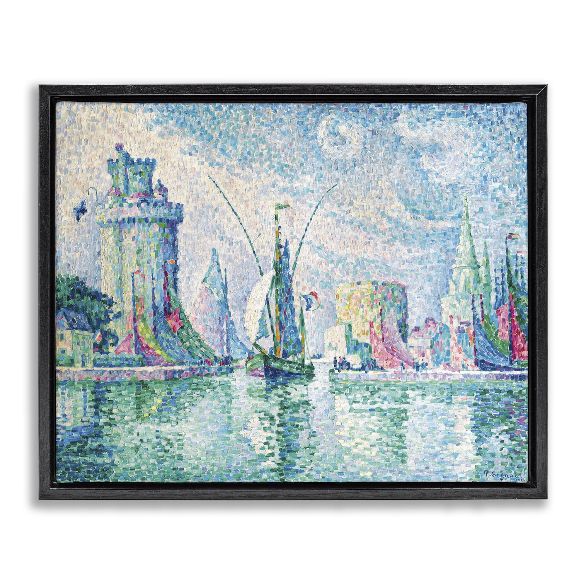 Stupell Industries La Rochelle Classical Signac Transportation Painting Black Floater Framed Canvas Art Print Wall Art, 21 x 17