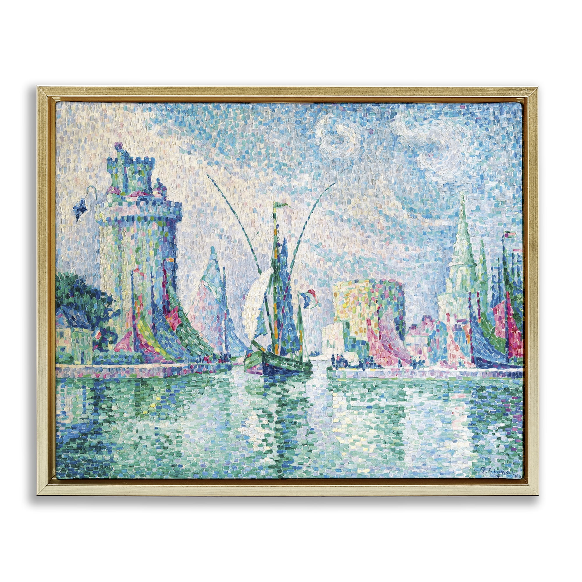 Stupell Industries La Rochelle Classical Signac Transportation Painting Gold Floater Framed Canvas Art Print Wall Art, 21 x 17