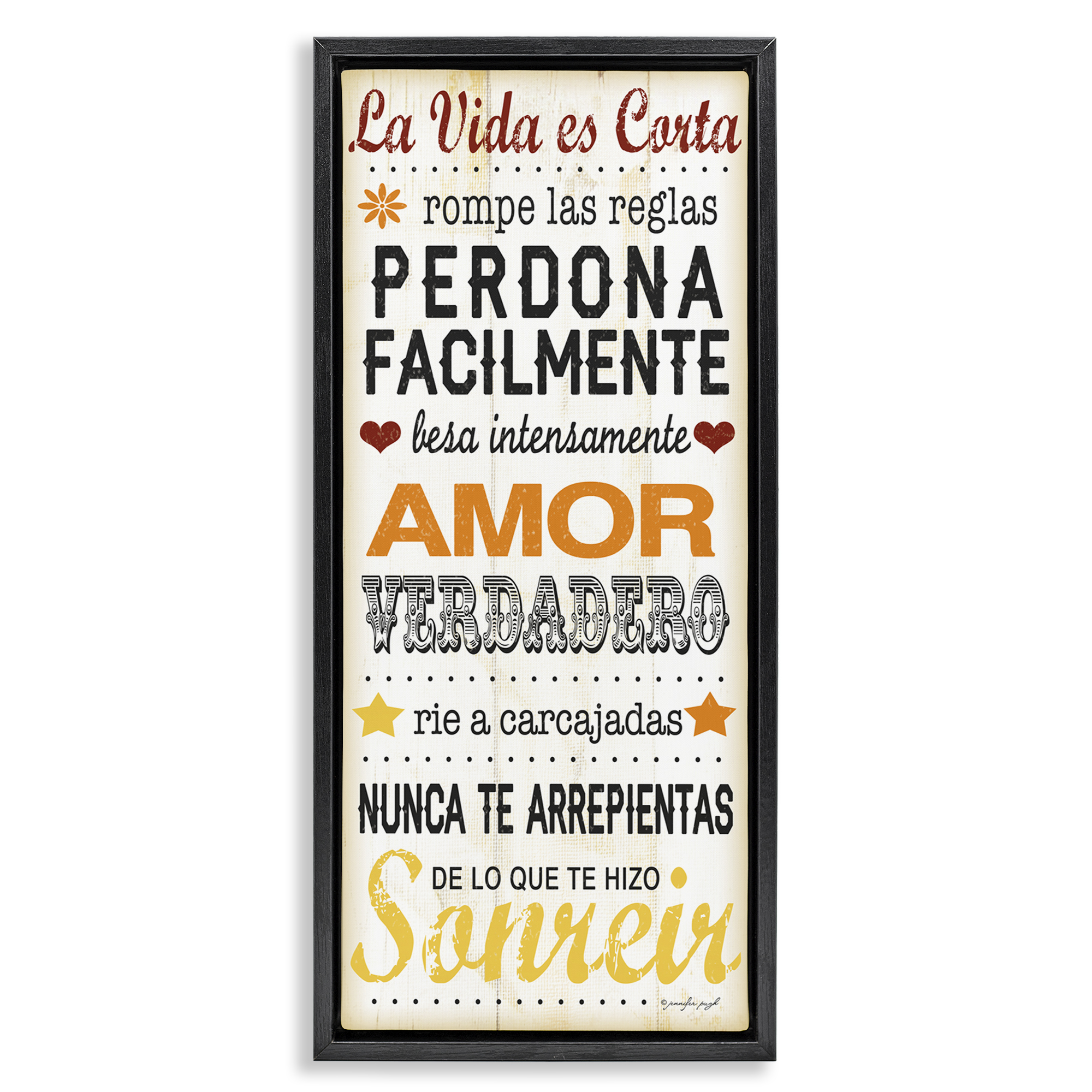 Stupell Industries La Vida es Corta Inspirational Quotes & Sayings Painting Black Floater Framed Art Print Wall Art, 11 x 25