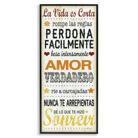 Stupell Industries La Vida es Corta Inspirational Quotes & Sayings Painting Black Framed Art Print Wall Art, 10 x 24