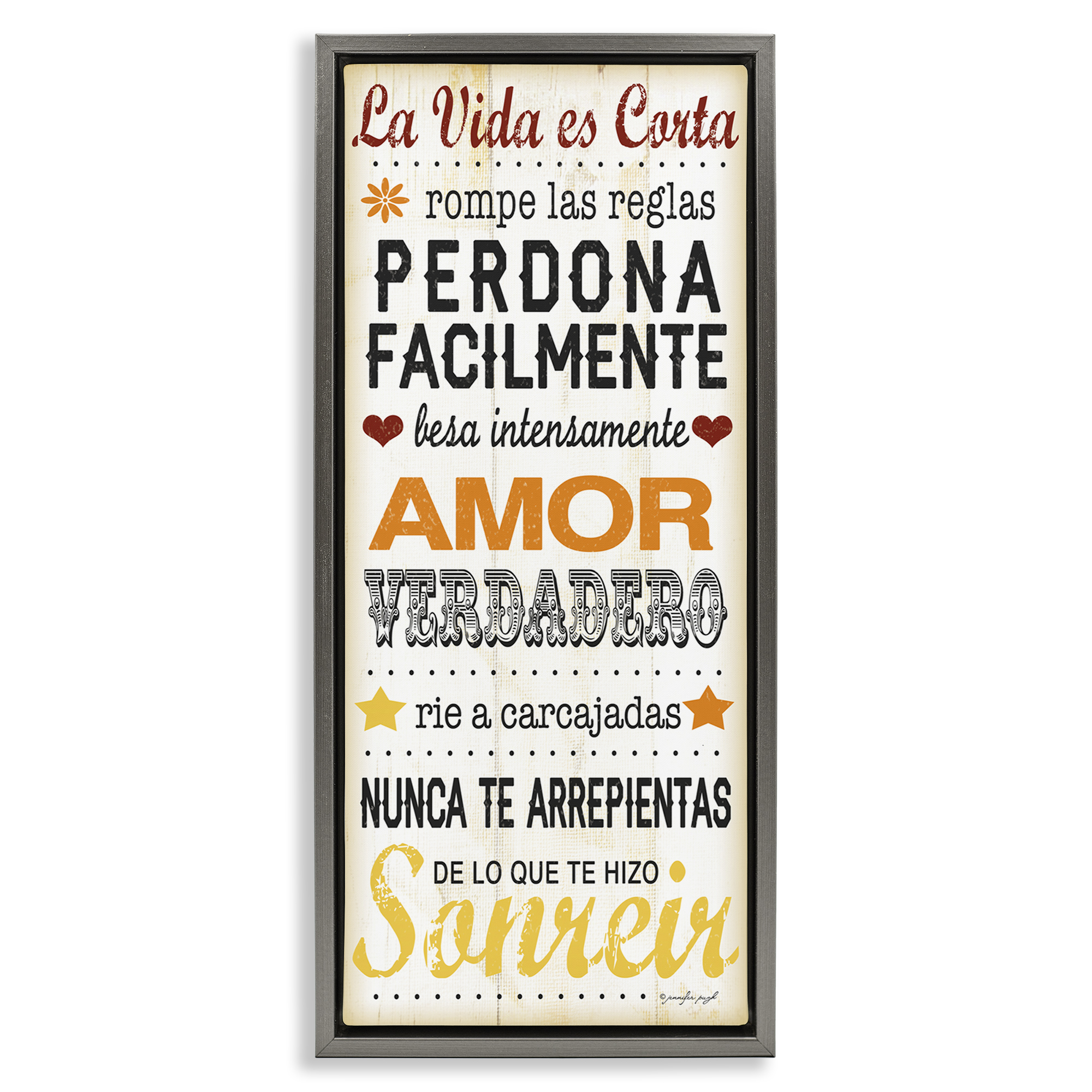 Stupell Industries La Vida es Corta Inspirational Quotes & Sayings Painting Gray Floater Framed Art Print Wall Art, 11 x 25