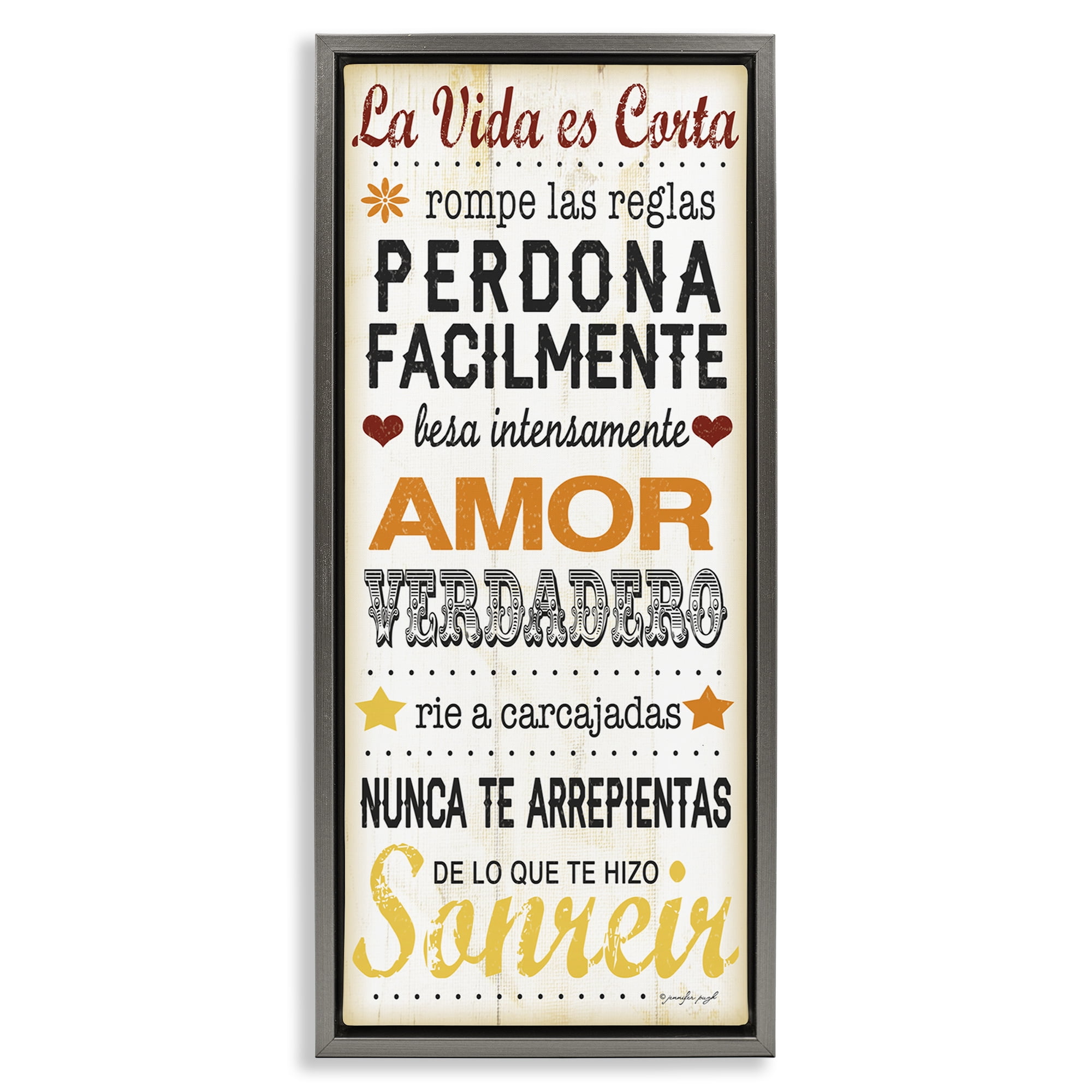 Stupell Industries La Vida es Corta Inspirational Quotes & Sayings Painting Gray Floater Framed Art Print Wall Art, 14 x 31
