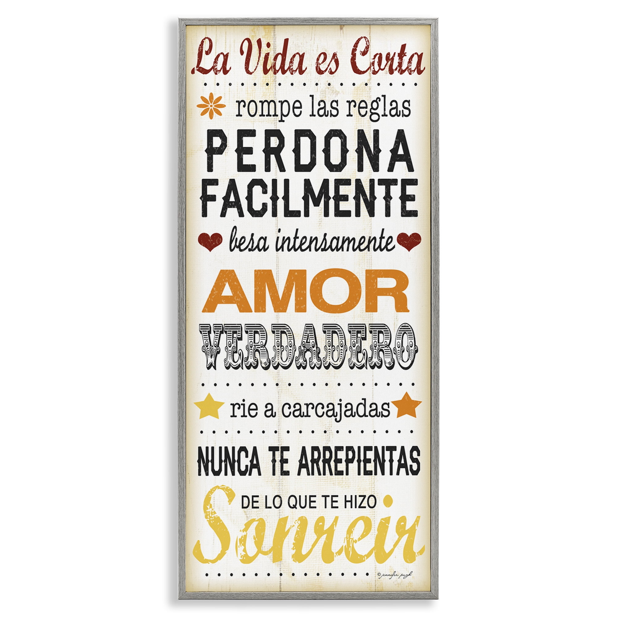 Stupell Industries La Vida es Corta Inspirational Quotes & Sayings Painting Gray Framed Art Print Wall Art, 10 x 24