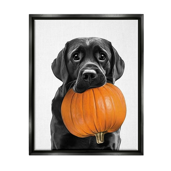 Stupell Industries Lab Dog with Pumpkin Holiday Painting Black Floater Framed Canvas Art Print Wall Art, 17 x 21
