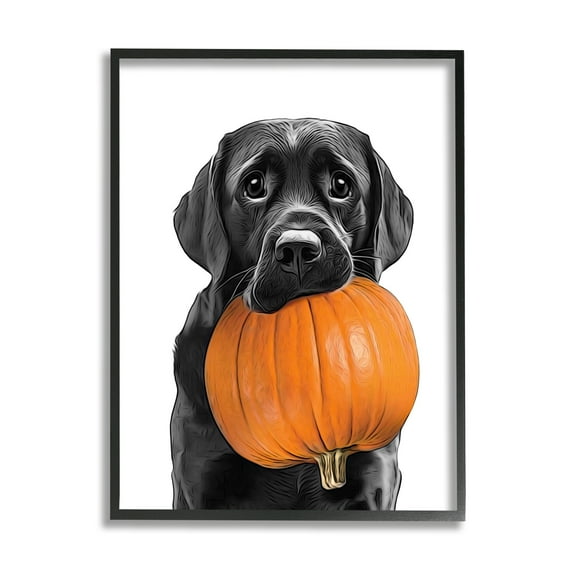 Stupell Industries Lab Dog with Pumpkin Holiday Painting Black Framed Art Print Wall Art, 24 x 30