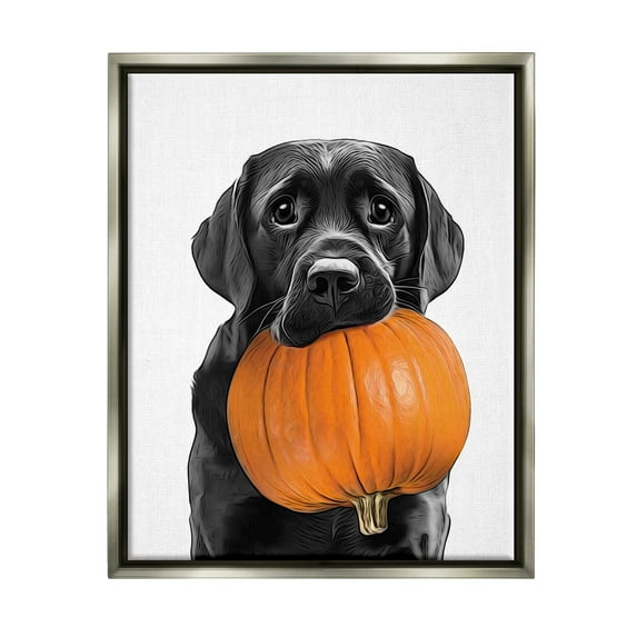 Stupell Industries Lab Dog with Pumpkin Holiday Painting Gray Floater Framed Canvas Art Print Wall Art, 17 x 21