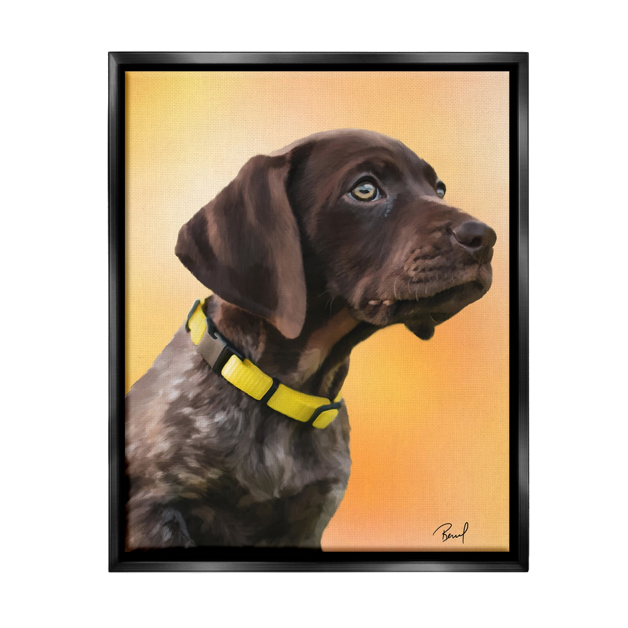 Stupell Industries Lab Puppy on Orange Animals & Insects Painting Black Floater Framed Canvas Art Print Wall Art, 25 x 31