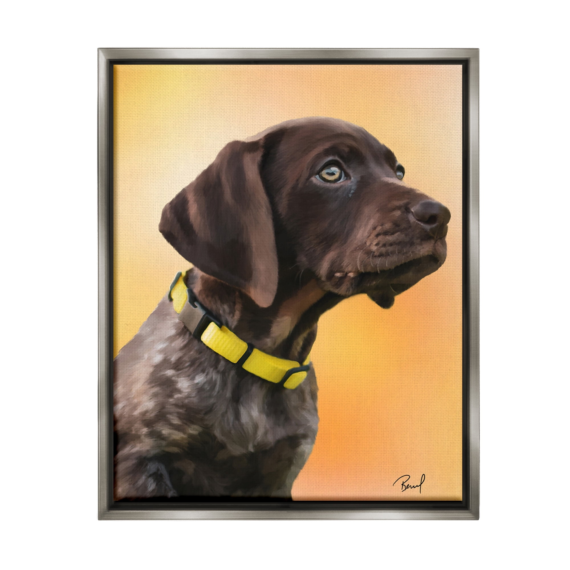Stupell Industries Lab Puppy on Orange Animals & Insects Painting Gray Floater Framed Canvas Art Print Wall Art, 17 x 21
