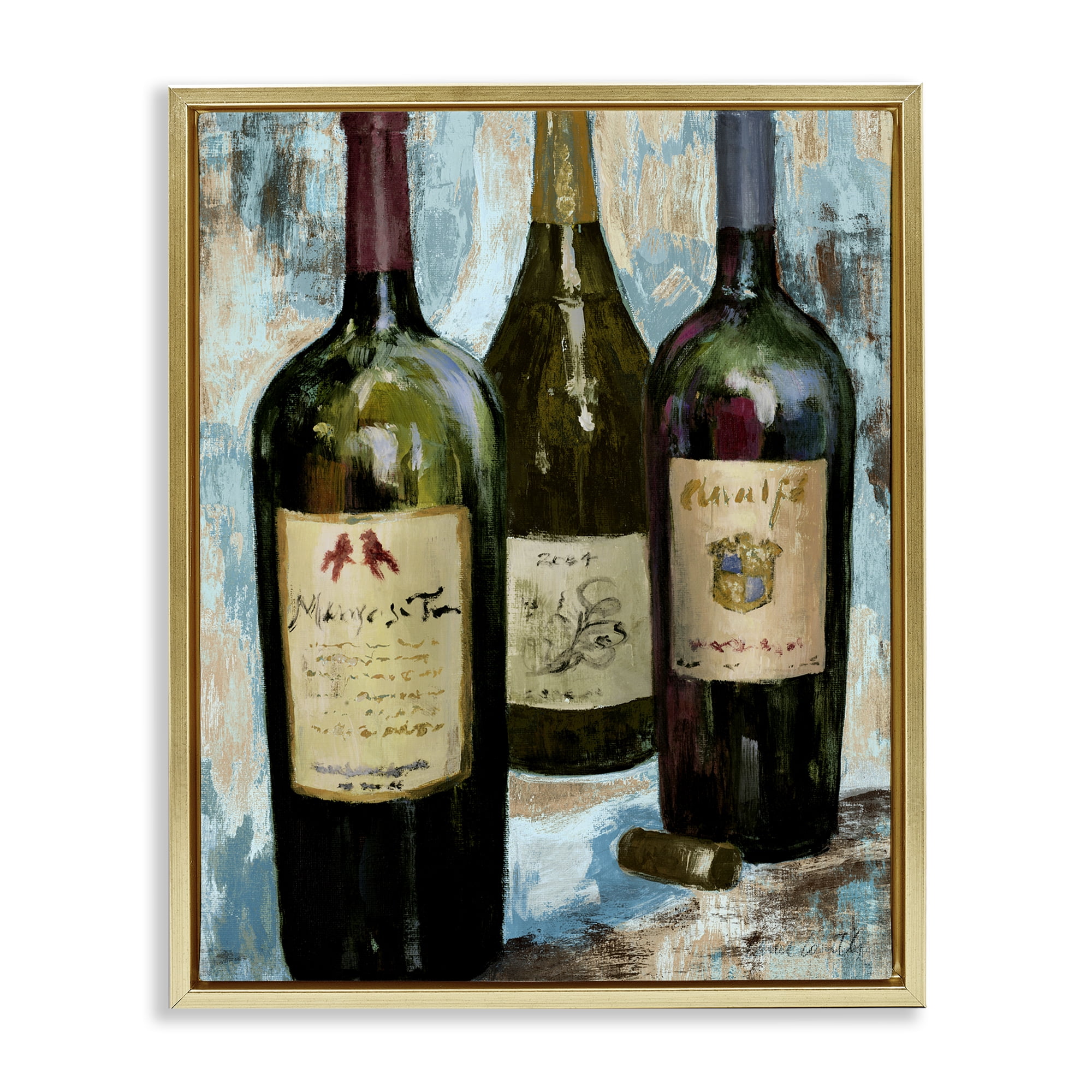 Stupell Industries Labeled Wine Bottle Trio Gold Framed Floater Canvas Wall Art, design by Lanie Loreth