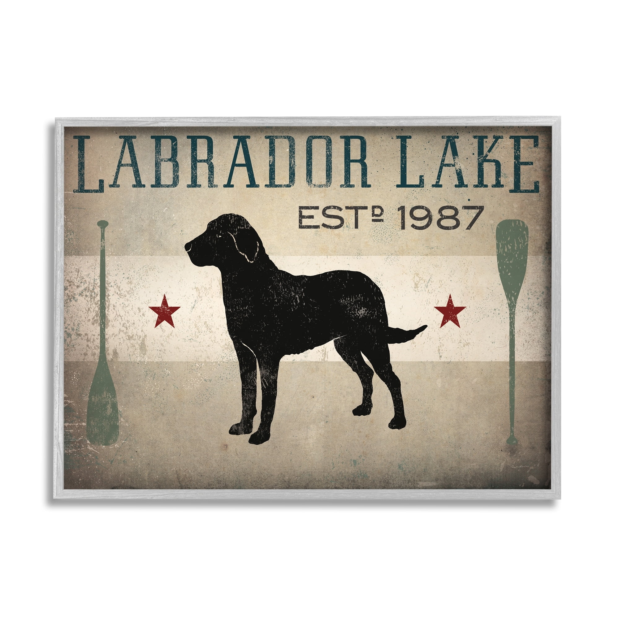 Stupell Industries Labrador Lake Rustic Dog Rowboat Oars Cabin Sign Graphic Art Gray Framed Art Print Wall Art, 14x11, by Ryan Fowler
