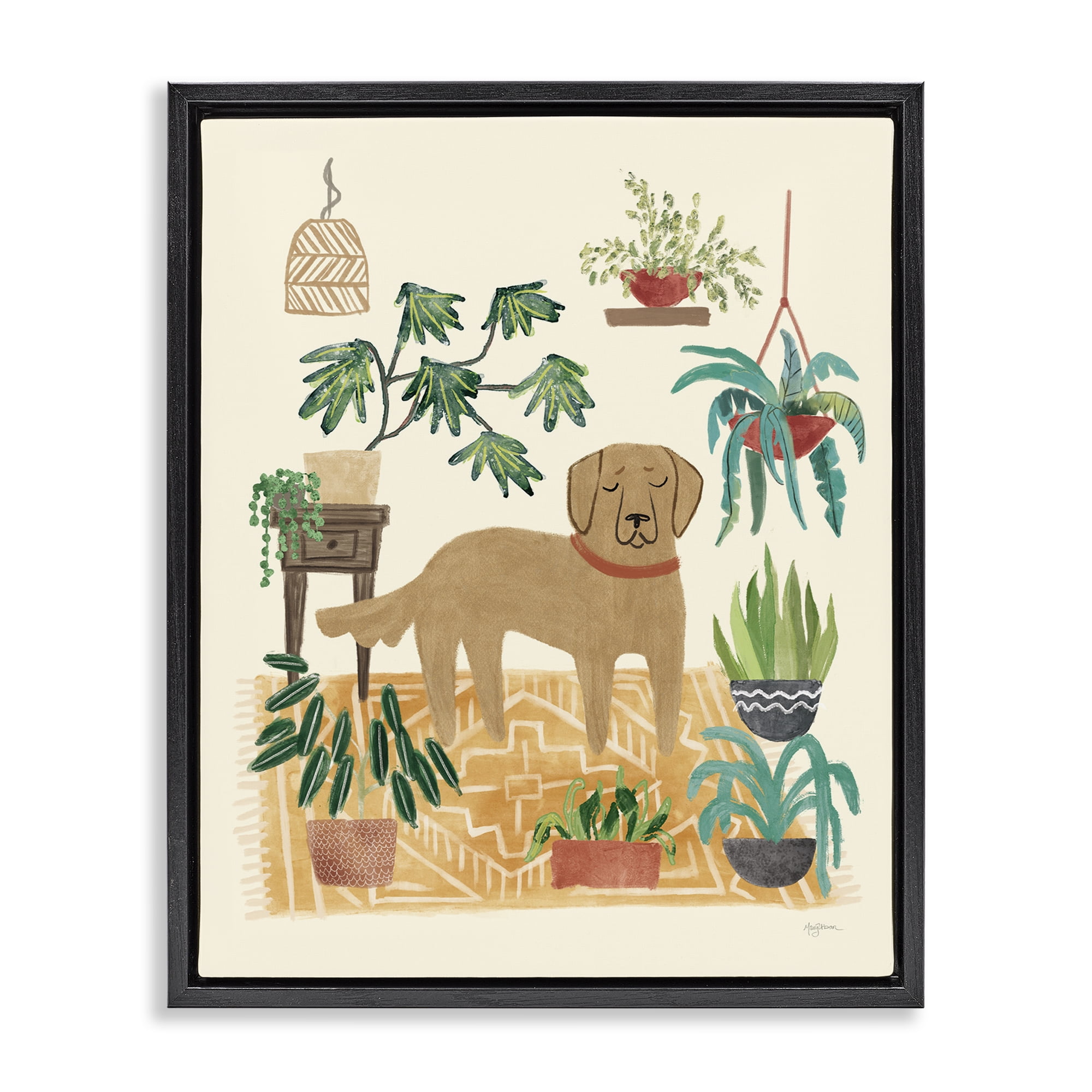 Stupell Industries Labrador with House Plants Animals & Insects Painting Black Floater Framed Canvas Art Print Wall Art, 17 x 21