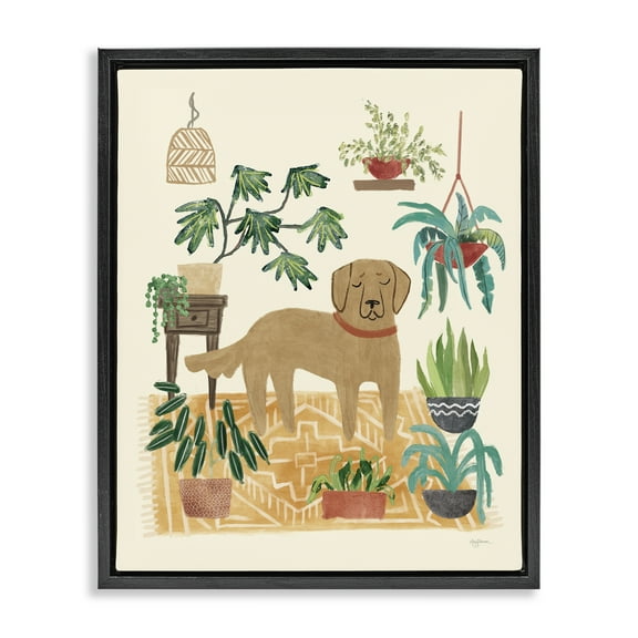 Stupell Industries Labrador with House Plants Animals & Insects Painting Black Floater Framed Canvas Art Print Wall Art, 17 x 21