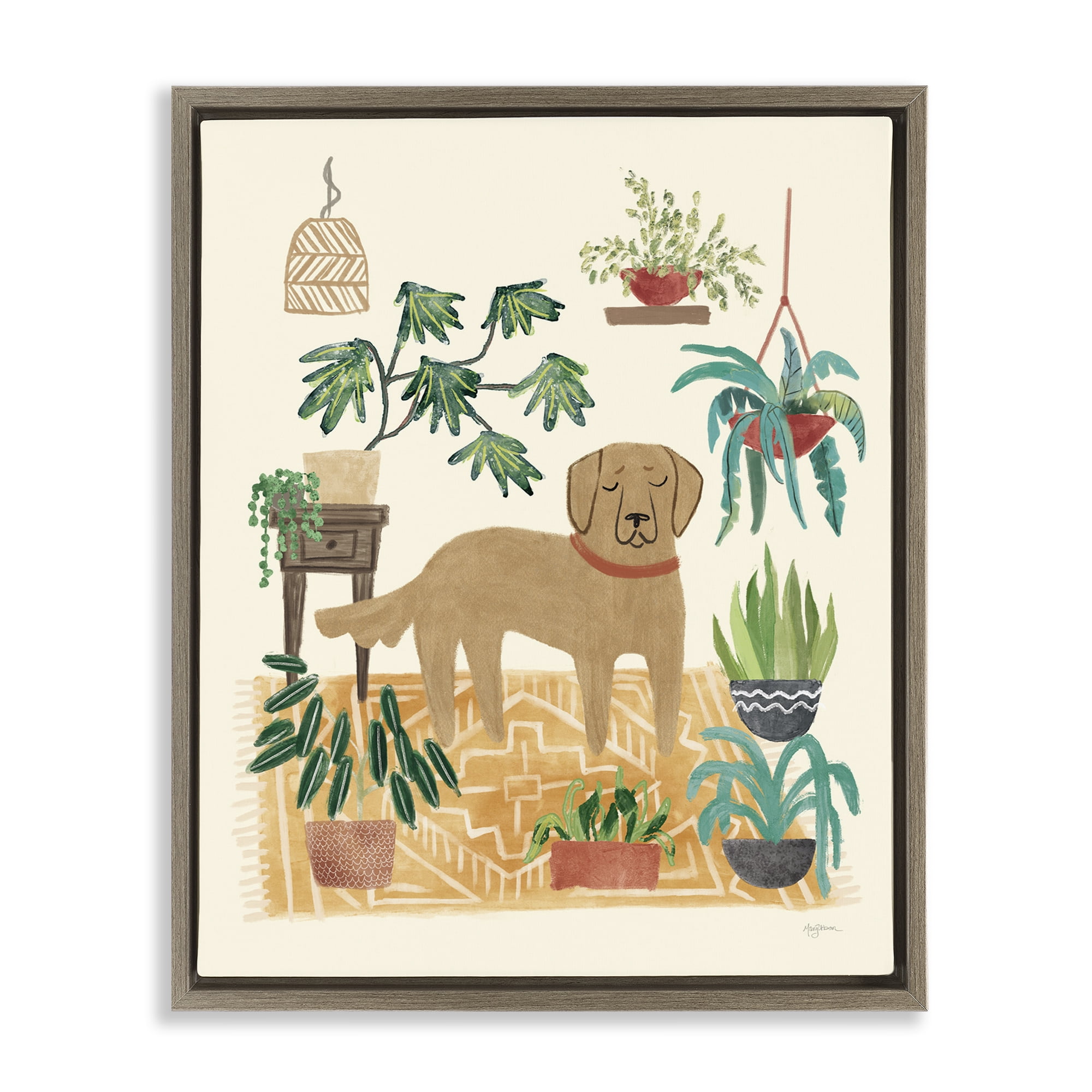 Stupell Industries Labrador with House Plants Animals & Insects Painting Brown Floater Framed Canvas Art Print Wall Art, 17 x 21