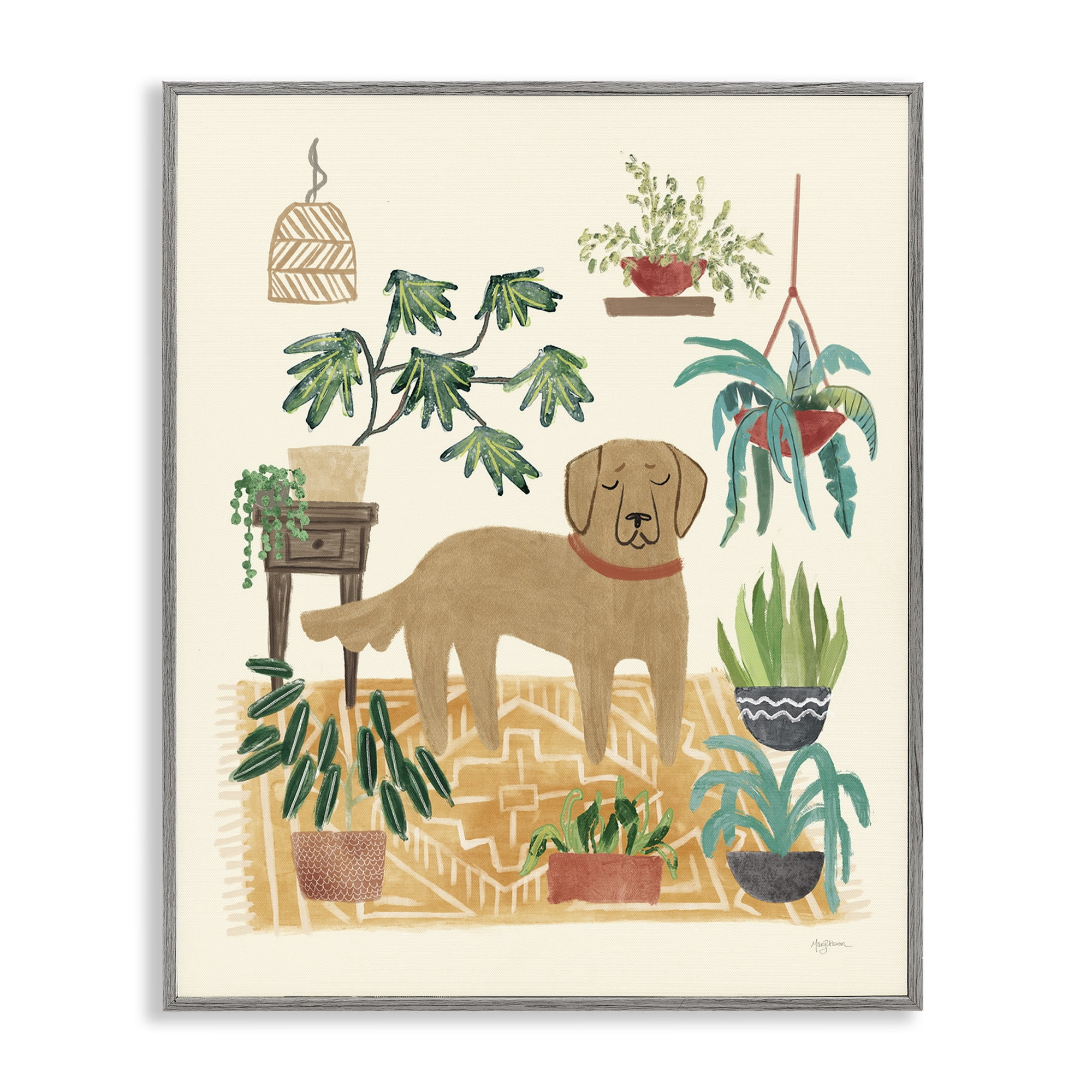 Stupell Industries Labrador with House Plants Animals & Insects Painting Gray Framed Art Print Wall Art, 11 x 14