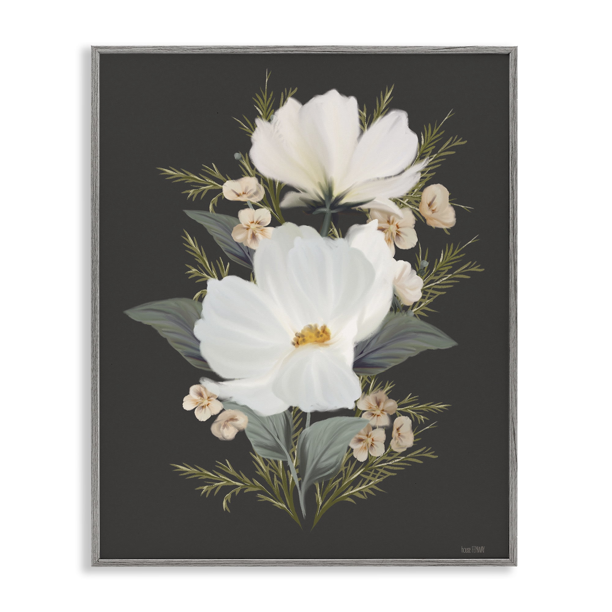 Stupell Industries Lace Cosmos Flowers Gray Framed Giclee Art, design by House Fenway