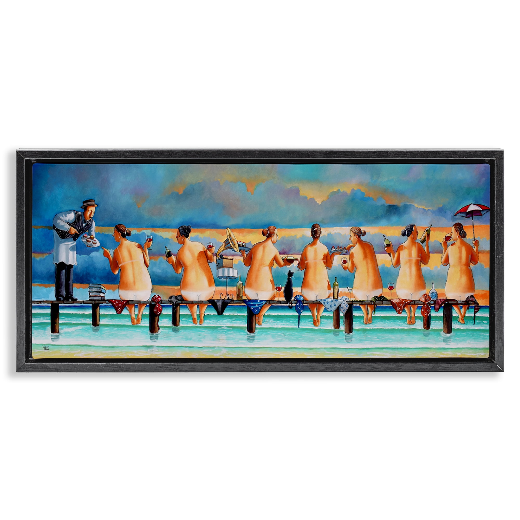 Stupell Industries Ladies Enjoying Beach Novelty Painting Black Floater Framed Canvas Art Print Wall Art, 25 x 11