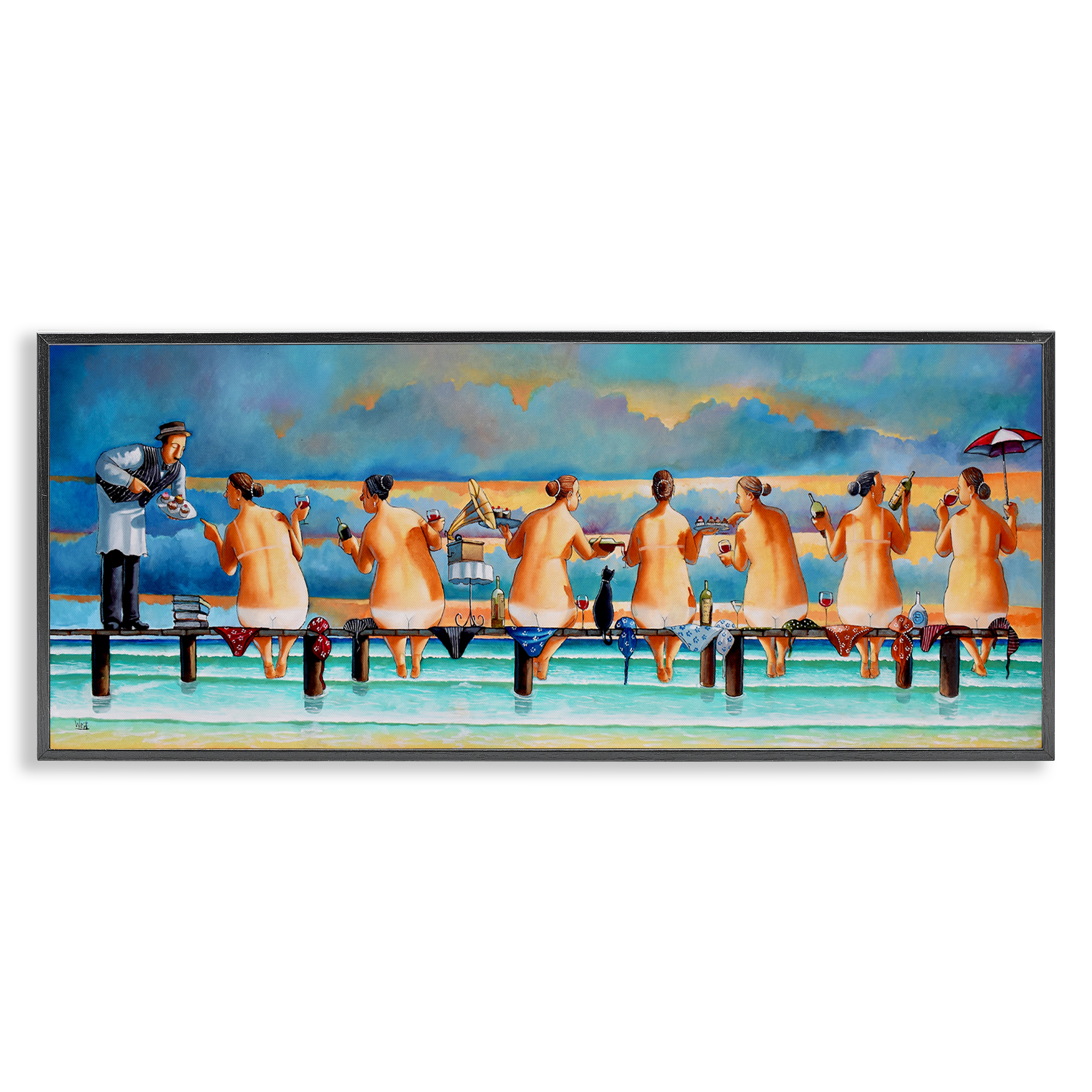 Stupell Industries Ladies Enjoying Beach Novelty Painting Black Framed Art Print Wall Art, 30 x 13