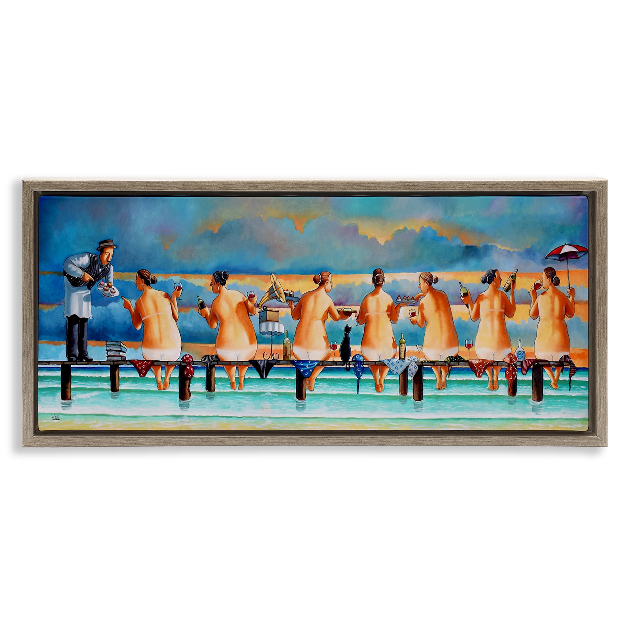 Stupell Industries Ladies Enjoying Beach Novelty Painting Brown Floater Framed Canvas Art Print Wall Art, 31 x 14