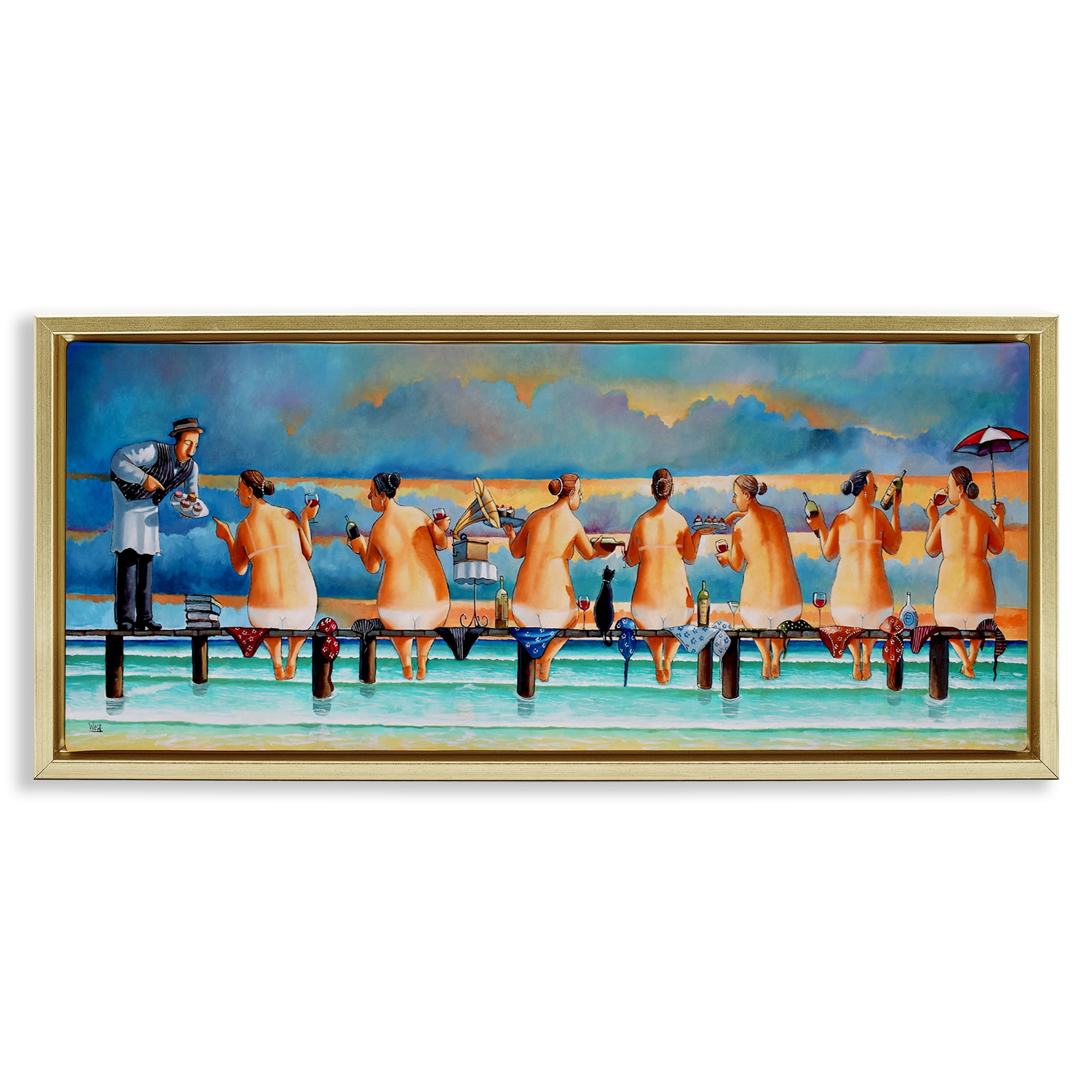 Stupell Industries Ladies Enjoying Beach Novelty Painting Gold Floater Framed Canvas Art Print Wall Art, 25 x 11
