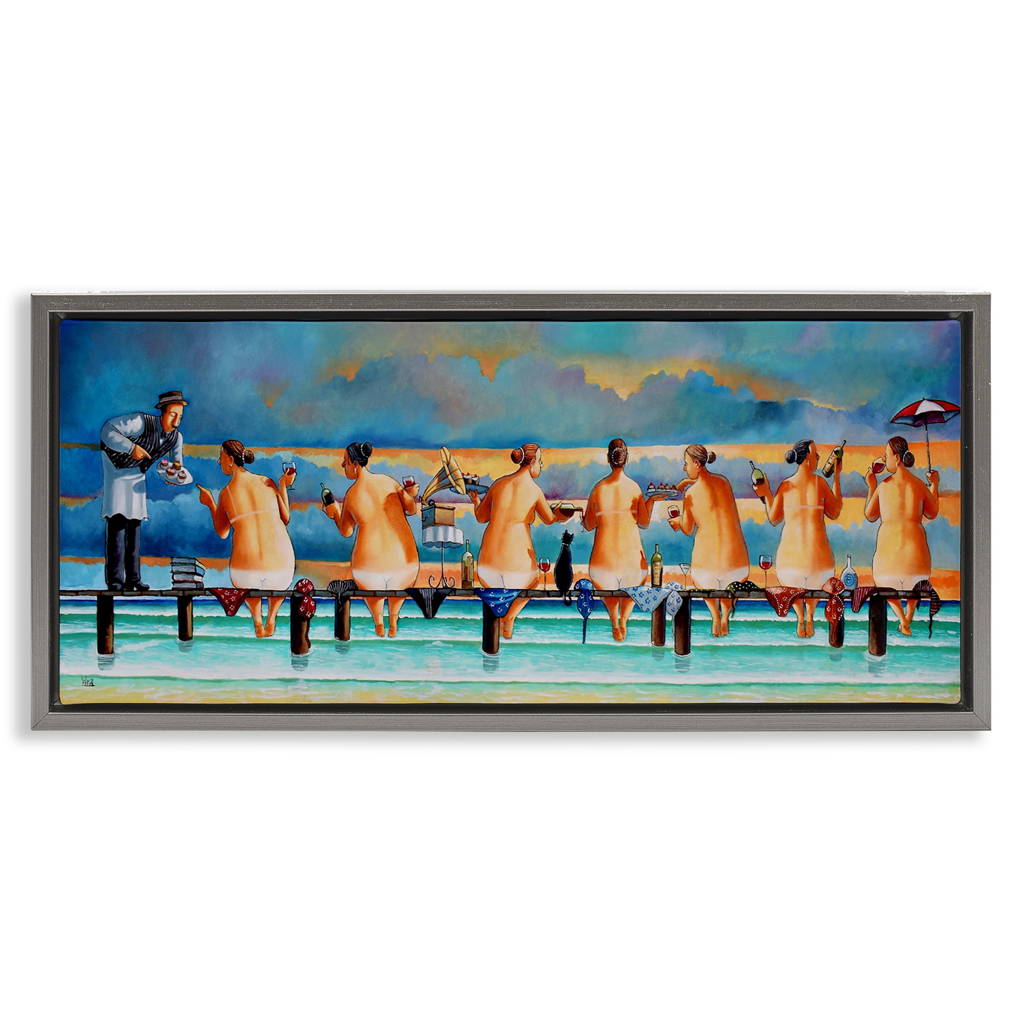 Stupell Industries Ladies Enjoying Beach Novelty Painting Gray Floater Framed Canvas Art Print Wall Art, 25 x 11