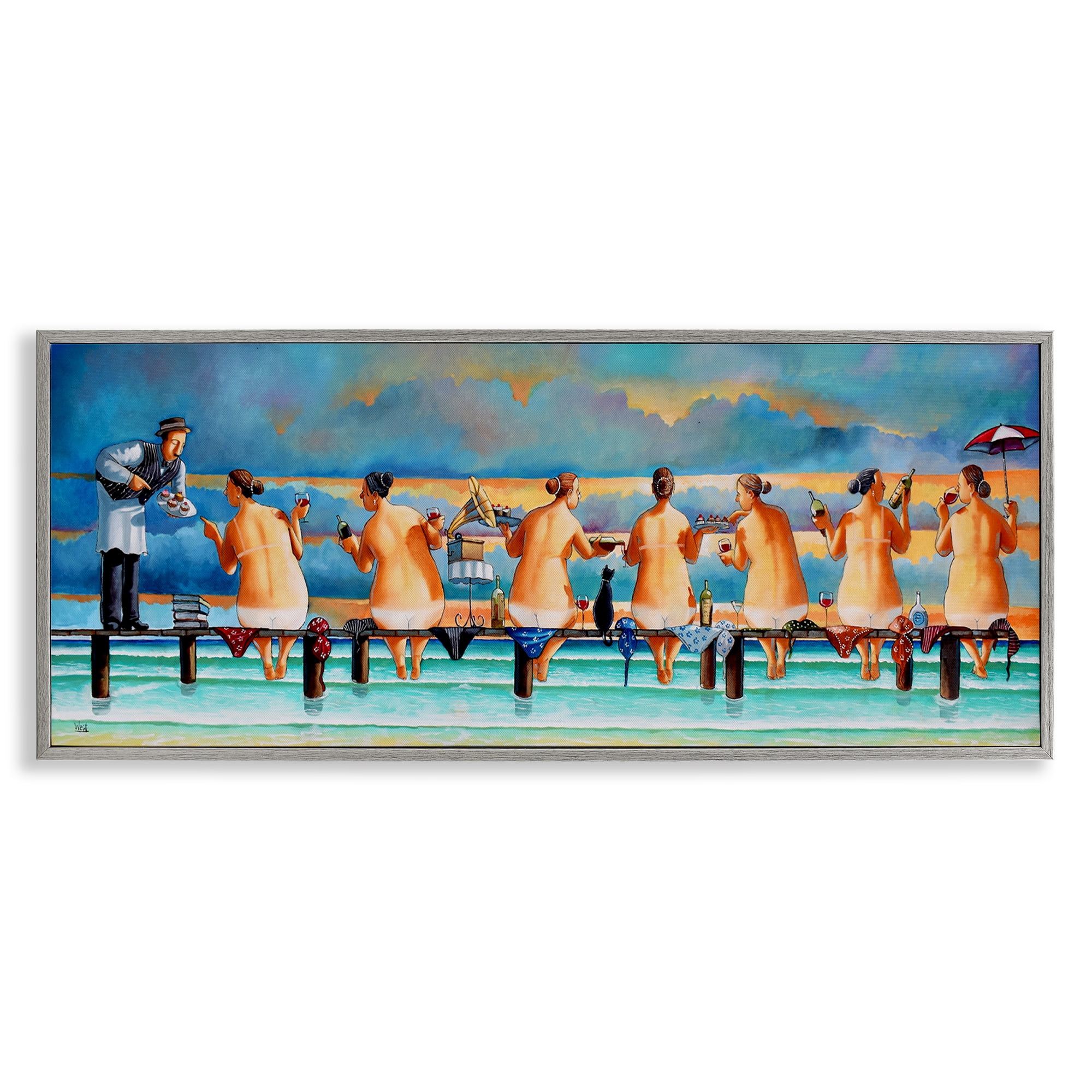 Stupell Industries Ladies Enjoying Beach Novelty Painting Gray Framed Art Print Wall Art, 24 x 10
