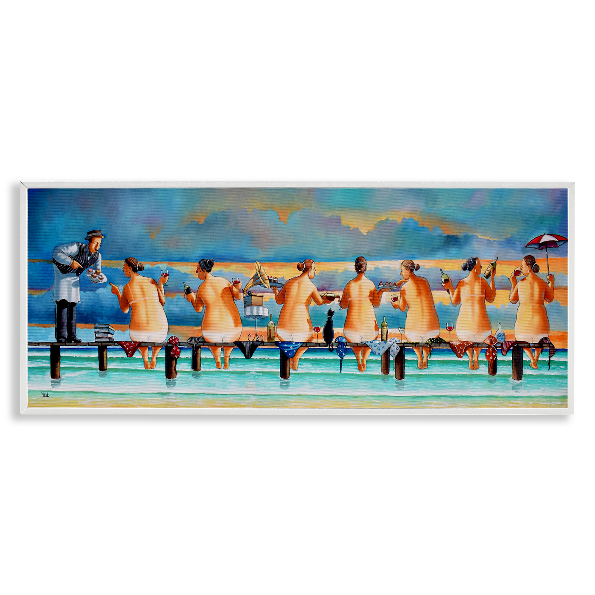 Stupell Industries Ladies Enjoying Beach Novelty Painting White Framed Art Print Wall Art, 30 x 13