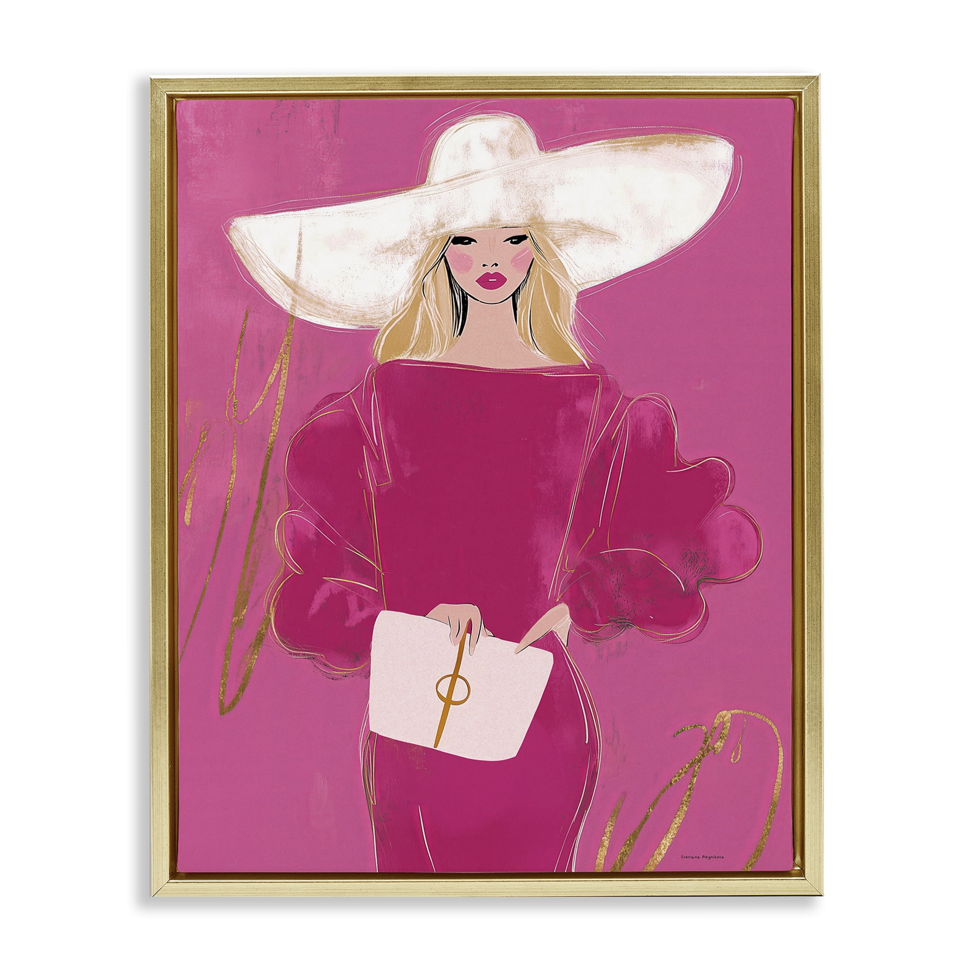 Stupell Industries Lady In Pink with Hat Gold Framed Floater Canvas Wall Art, design by Svetlana Aleynikova