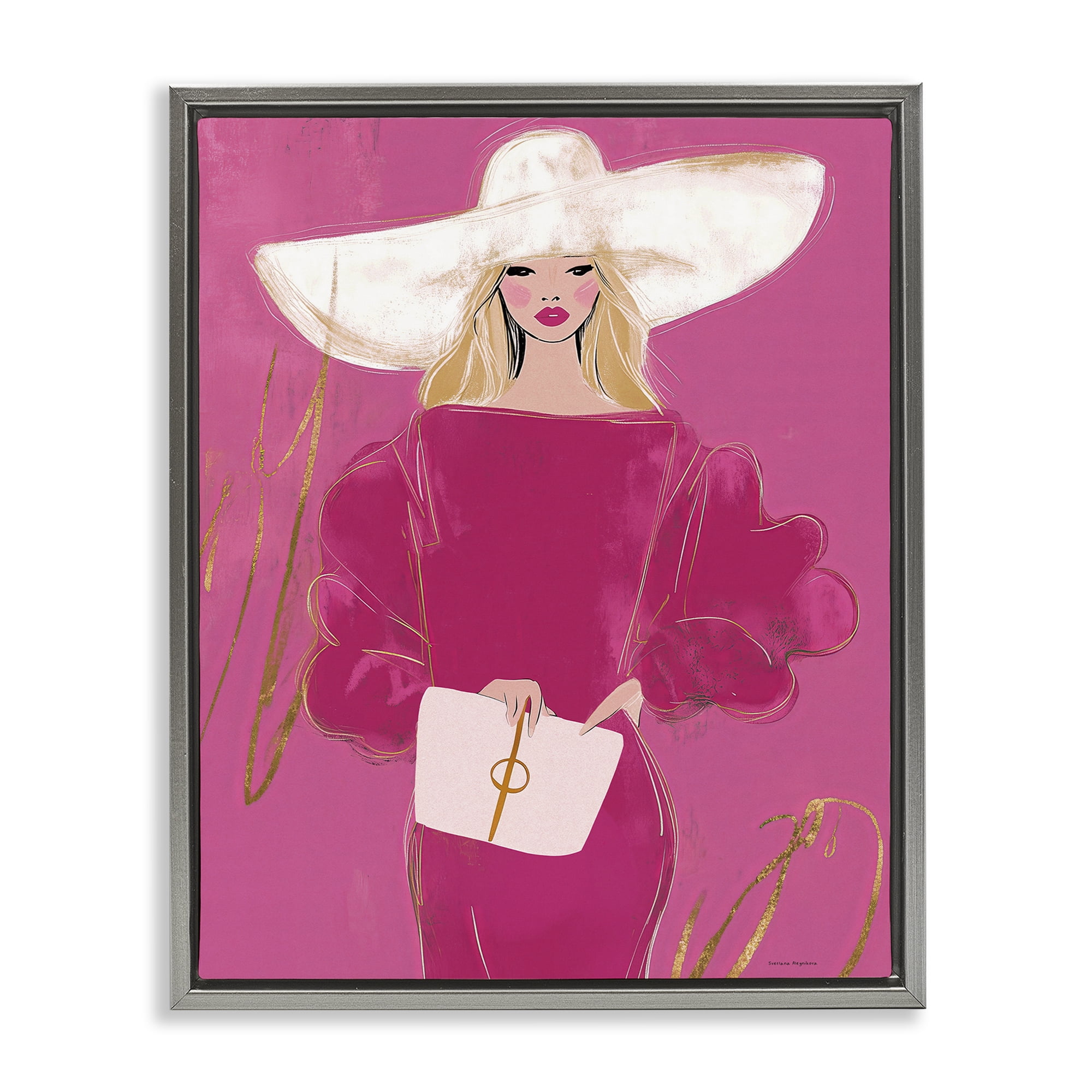 Stupell Industries Lady In Pink with Hat Gray Framed Floater Canvas Wall Art, design by Svetlana Aleynikova