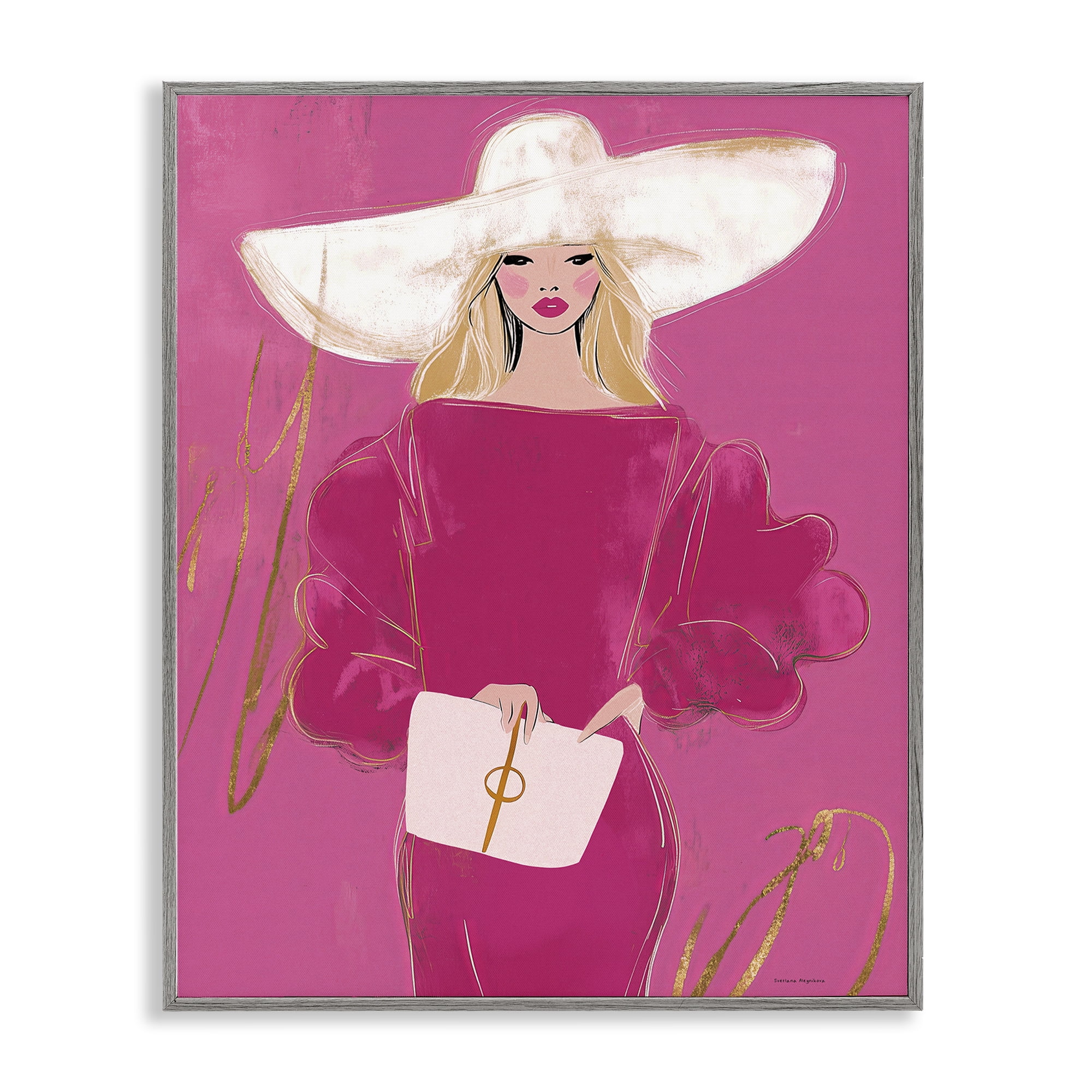 Stupell Industries Lady In Pink with Hat Gray Framed Giclee Art, design by Svetlana Aleynikova