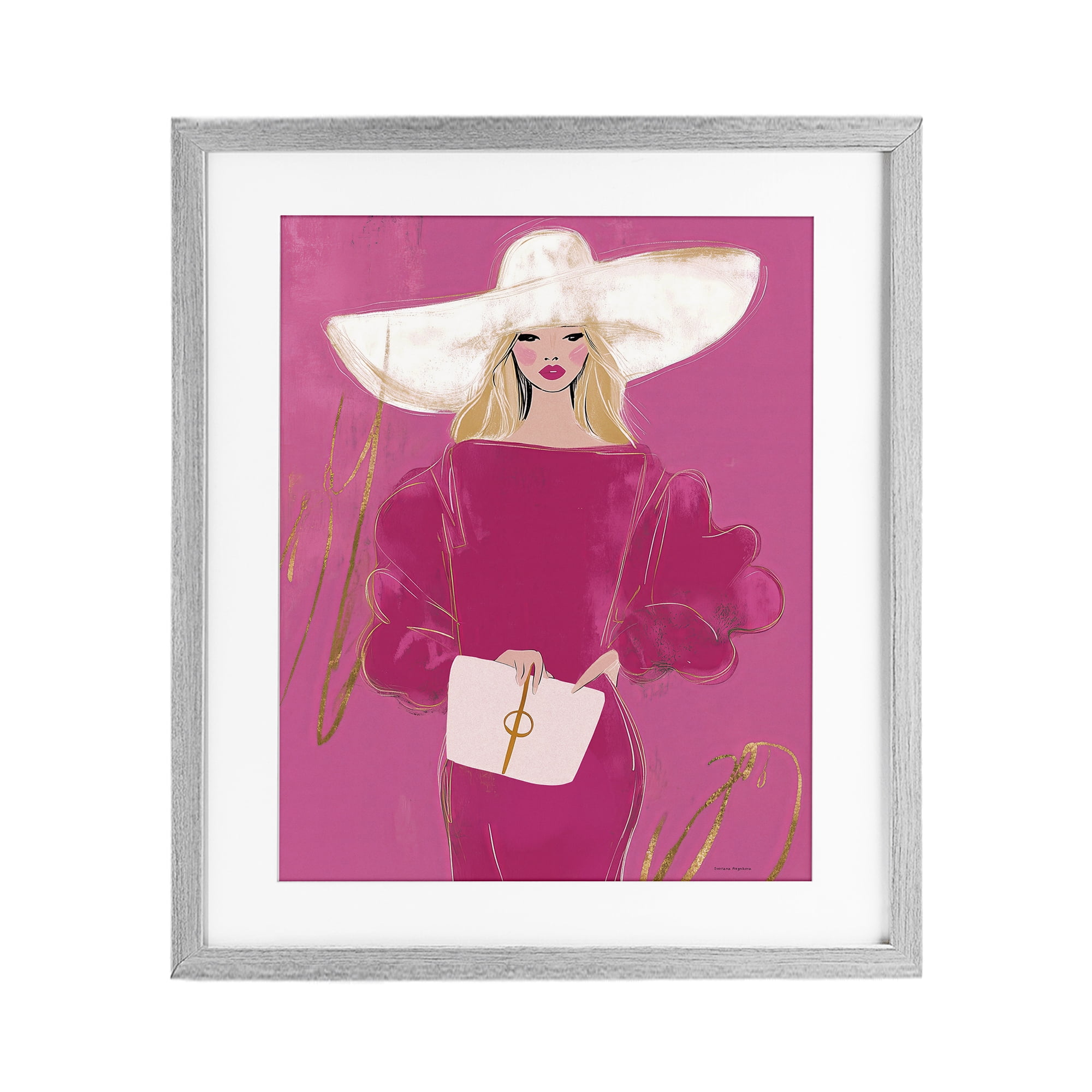 Stupell Industries Lady In Pink with Hat Gray Framed Print Under Glass, design by Svetlana Aleynikova