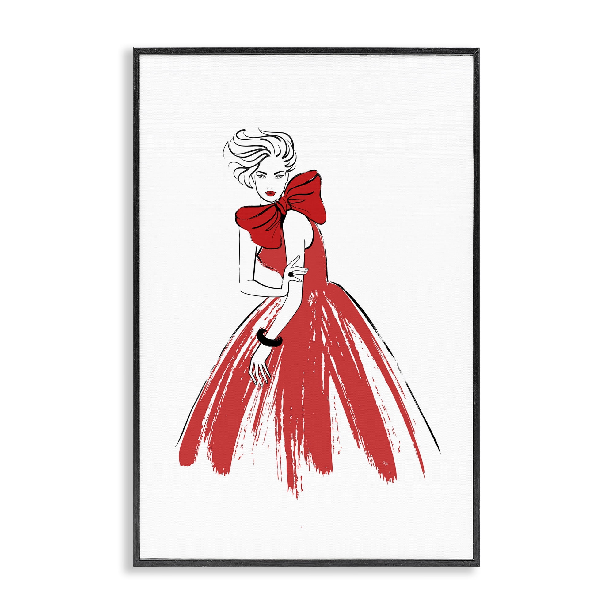 Stupell Industries Lady & Red Bow Dress Novelty Painting Black Framed Art Print Wall Art, 20 x 30