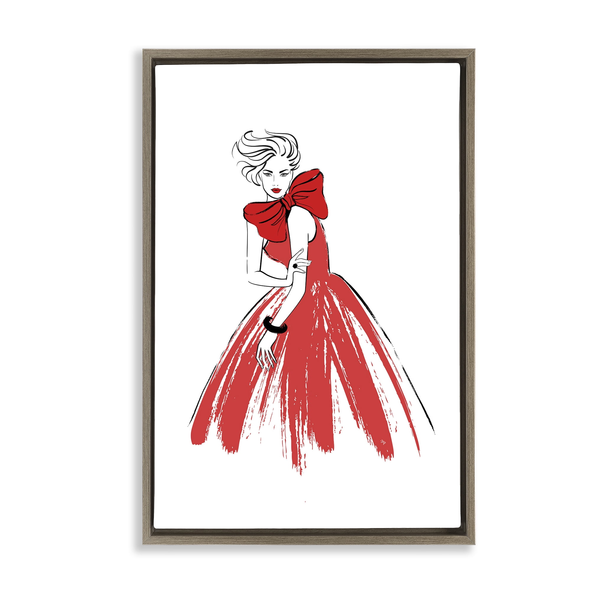 Stupell Industries Lady & Red Bow Dress Novelty Painting Brown Floater Framed Art Print Wall Art, 21 x 31