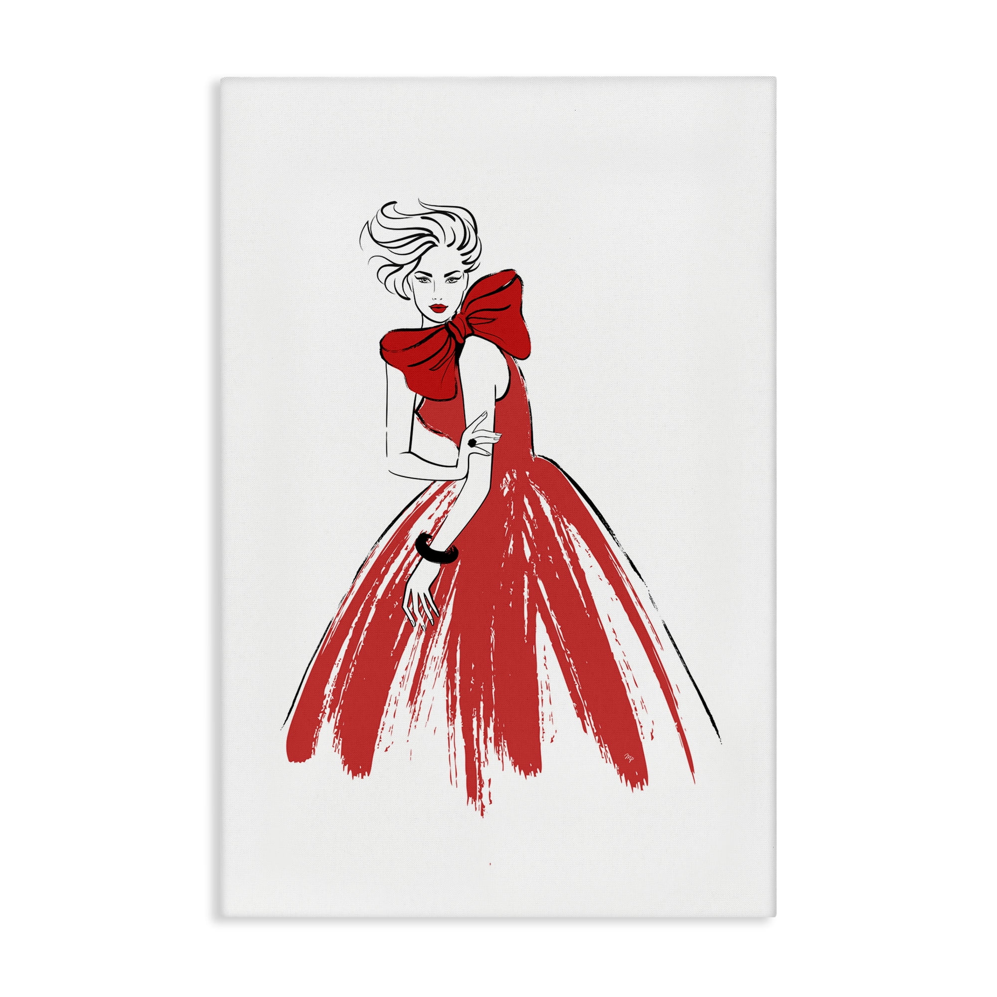 Stupell Industries Lady & Red Bow Dress Novelty Painting Gallery Wrapped Canvas Art Print Wall Art, 16 x 24