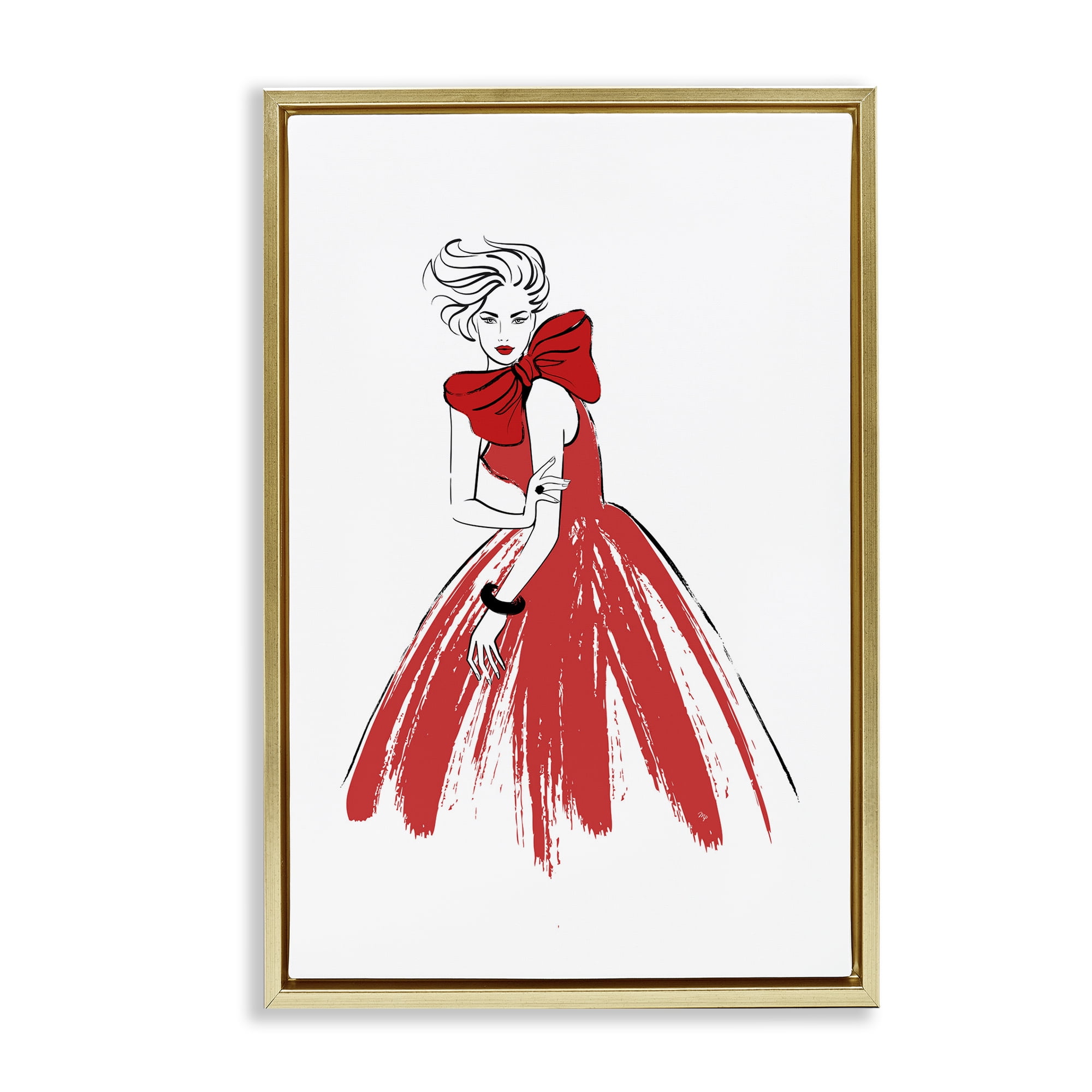 Stupell Industries Lady & Red Bow Dress Novelty Painting Gold Floater Framed Art Print Wall Art, 17 x 25
