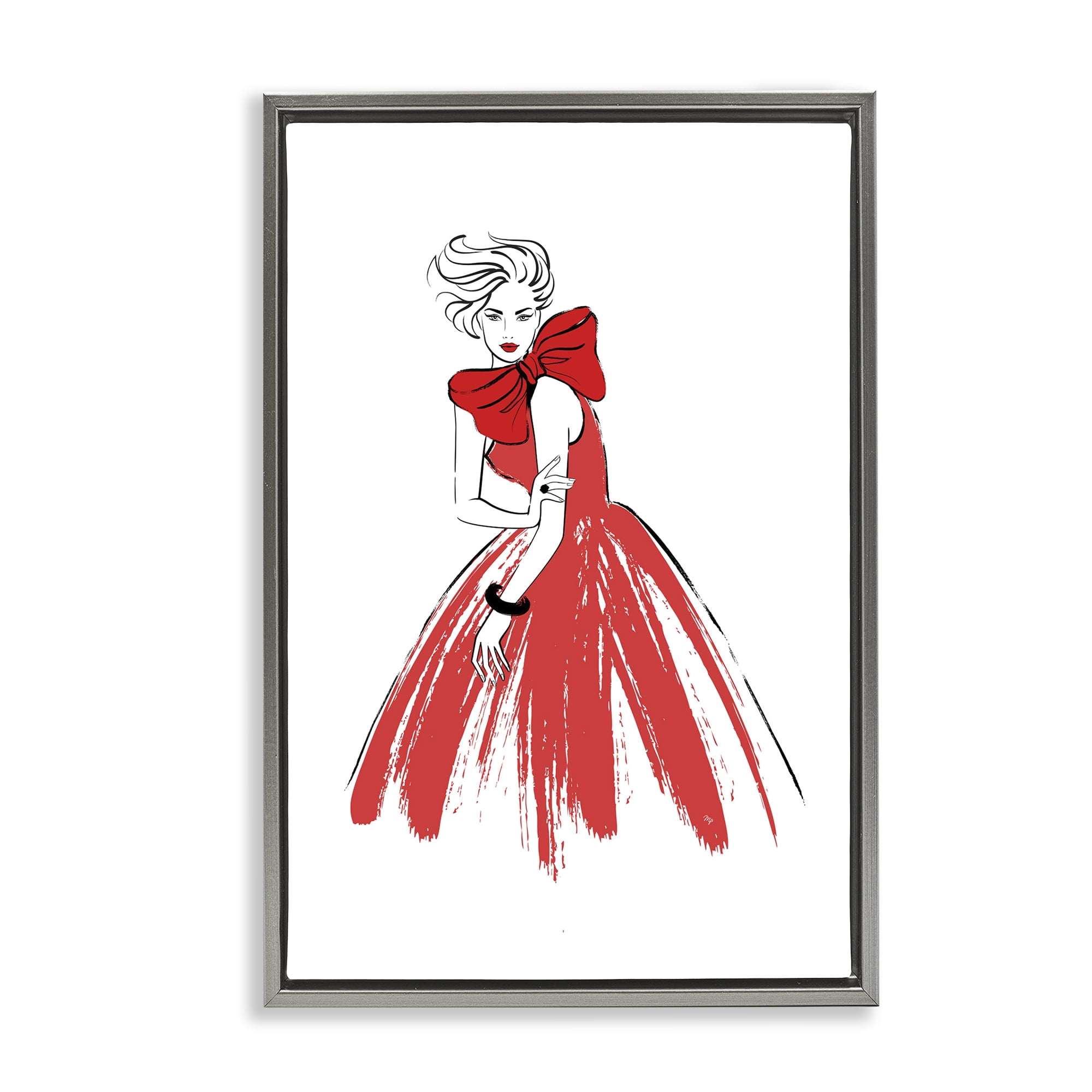 Stupell Industries Lady & Red Bow Dress Novelty Painting Gray Floater Framed Art Print Wall Art, 17 x 25