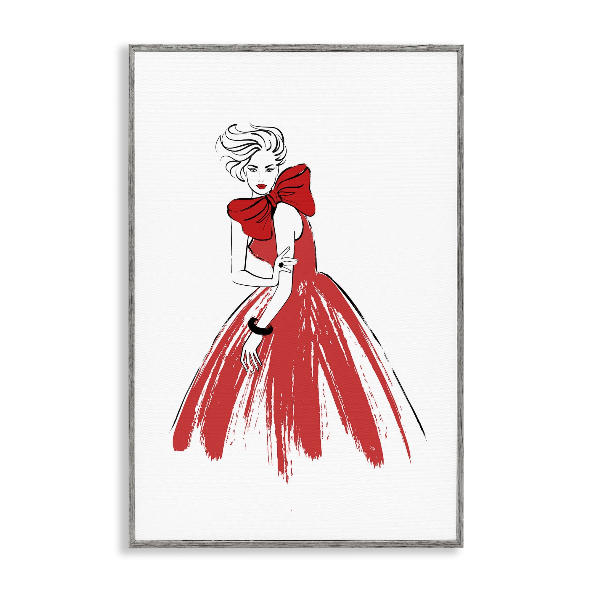 Stupell Industries Lady & Red Bow Dress Novelty Painting Gray Framed Art Print Wall Art, 12 x 18