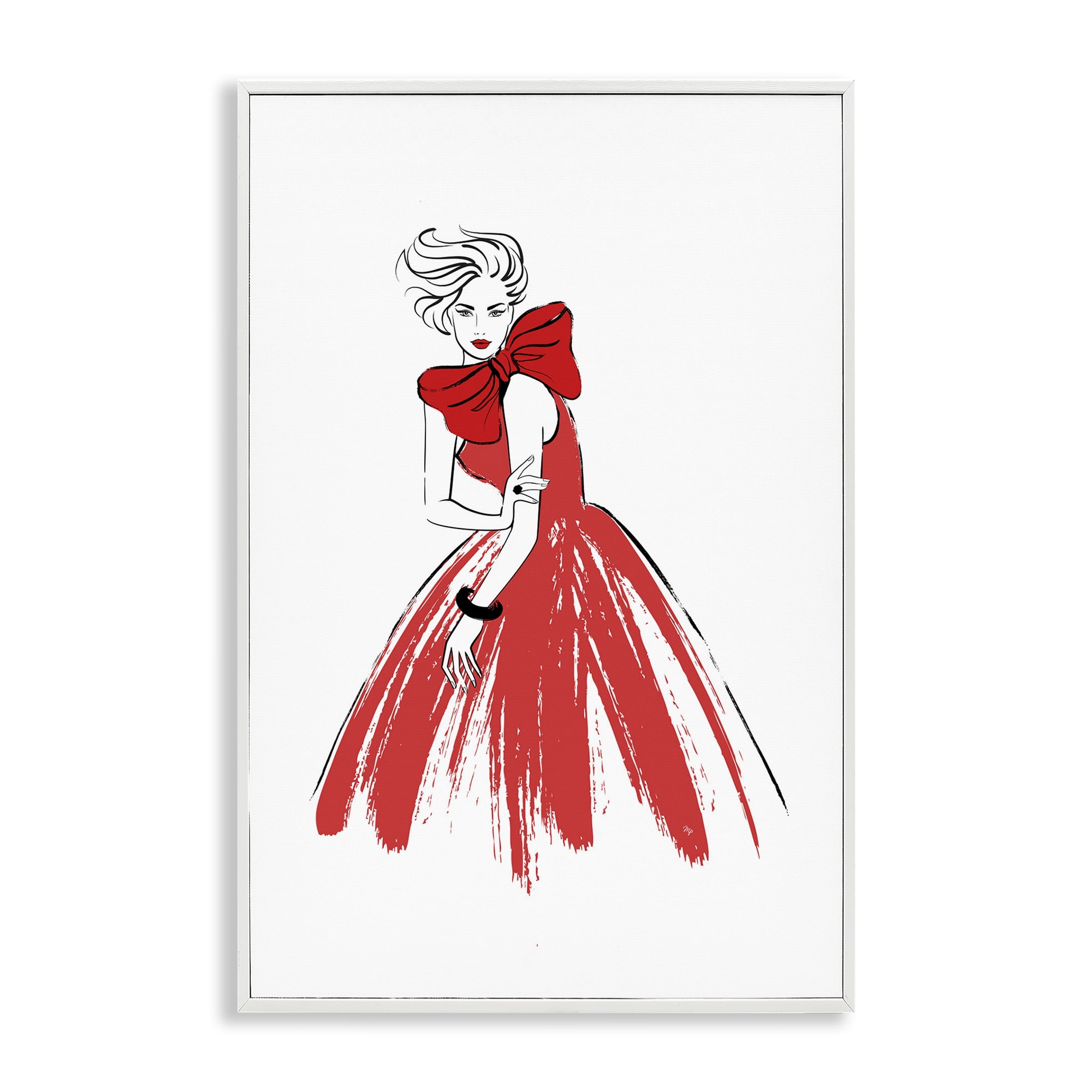 Stupell Industries Lady & Red Bow Dress Novelty Painting White Framed Art Print Wall Art, 20 x 30
