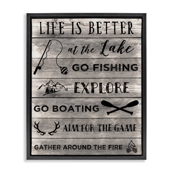 Stupell Industries Lake Activities & Phrases Quotes and Sayings Painting Black Floater Framed Canvas Art Print Wall Art, 17 x 21