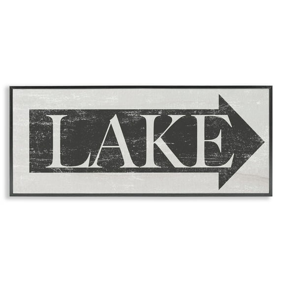 Stupell Industries Lake Arrow Sign Grey and White Distressed Graphic Art Black Framed Art Print Wall Art, 10x24, by Daphne Polselli