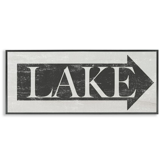 Stupell Industries Lake Arrow Sign Grey and White Distressed Graphic Art Black Framed Art Print Wall Art, 10x24, by Daphne Polselli