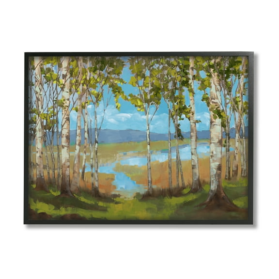 Stupell Industries Lake & Birch Tree Landscape Nature Painting Black Framed Art Print Wall Art, 14 x 11