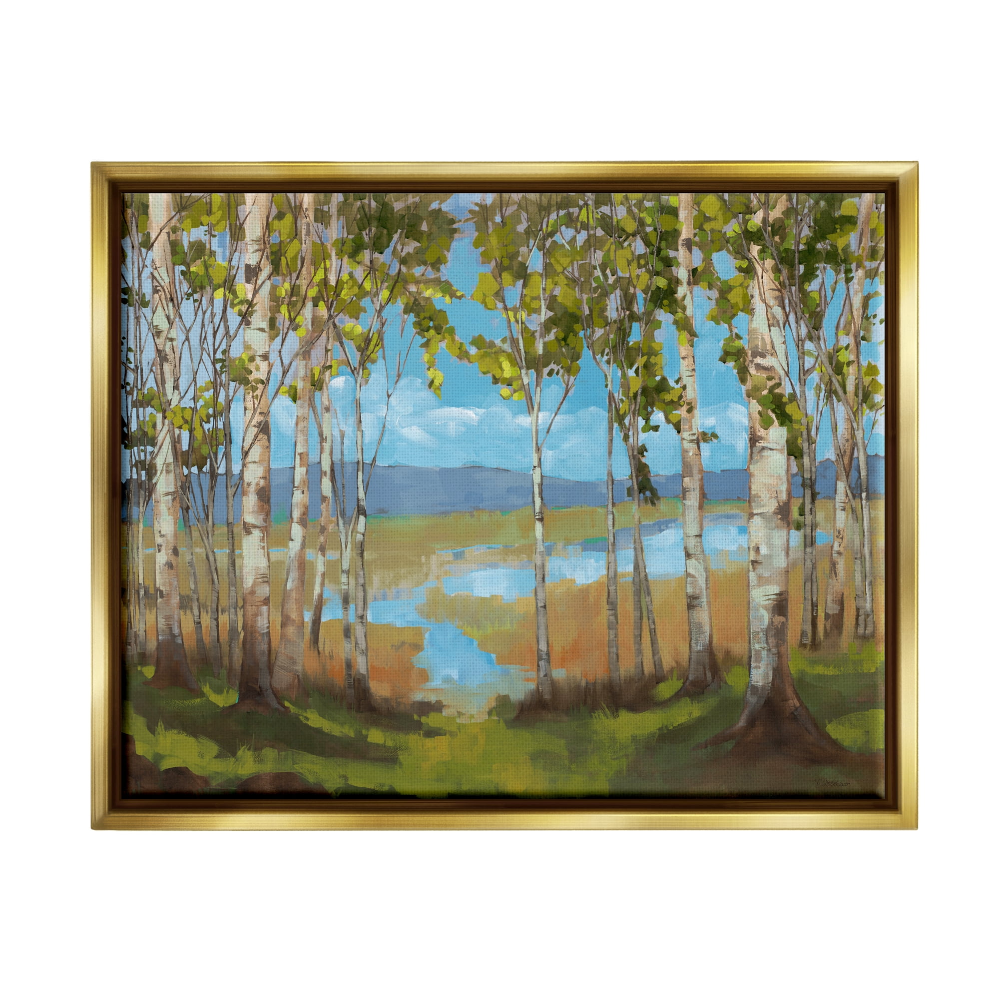 Stupell Industries Lake & Birch Tree Landscape Nature Painting Gold Floater Framed Art Print Wall Art, 21 x 17