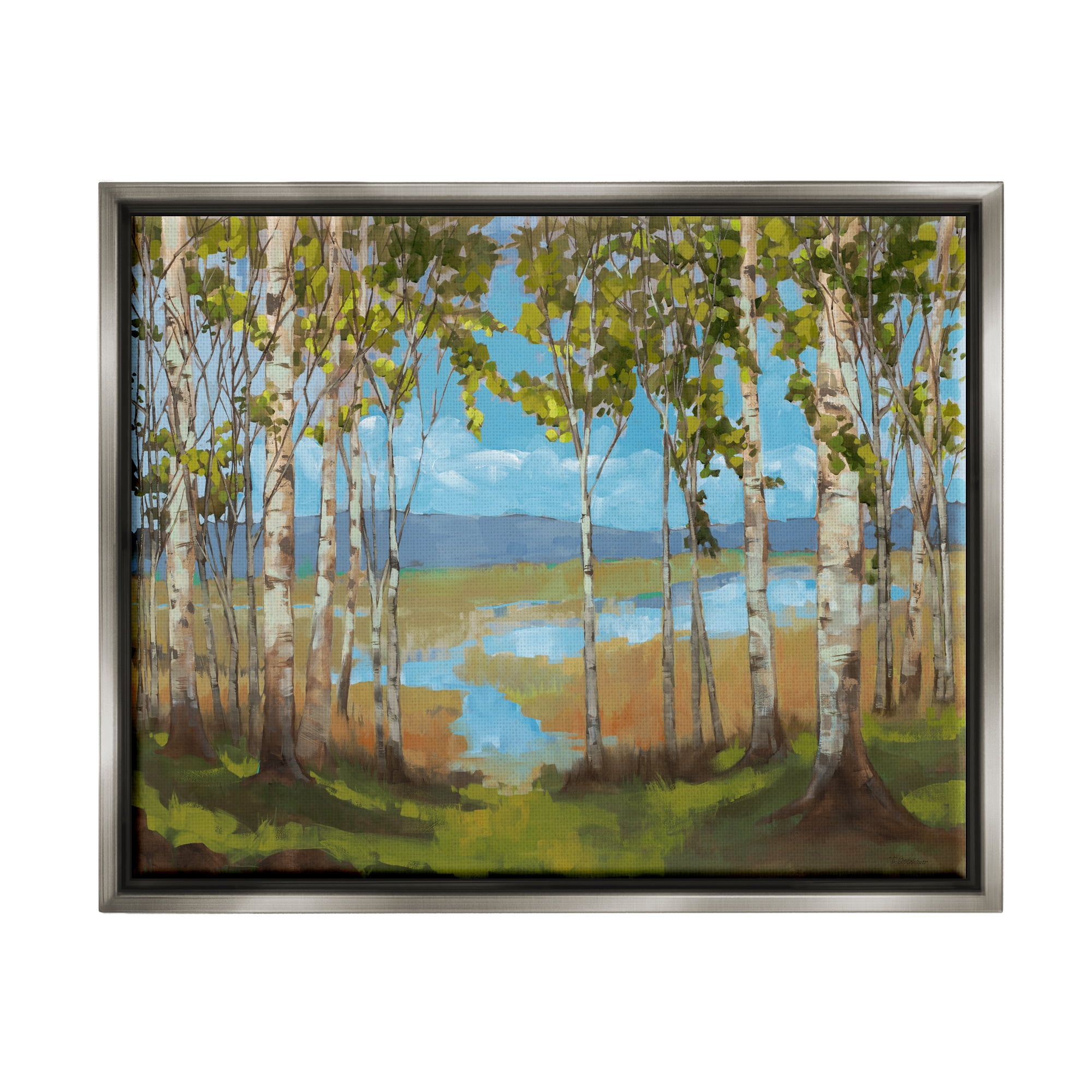 Stupell Industries Lake & Birch Tree Landscape Nature Painting Gray Floater Framed Art Print Wall Art, 31 x 25