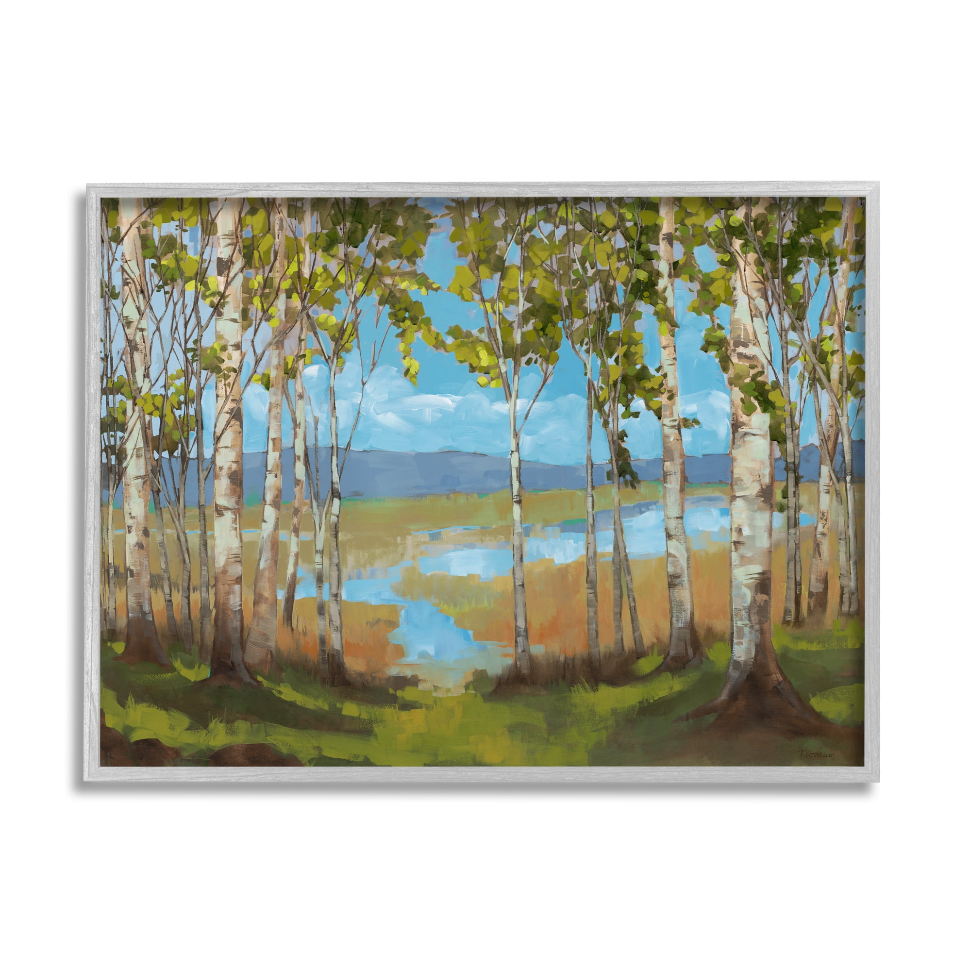 Stupell Industries Lake & Birch Tree Landscape Nature Painting Gray Framed Art Print Wall Art, 30 x 24