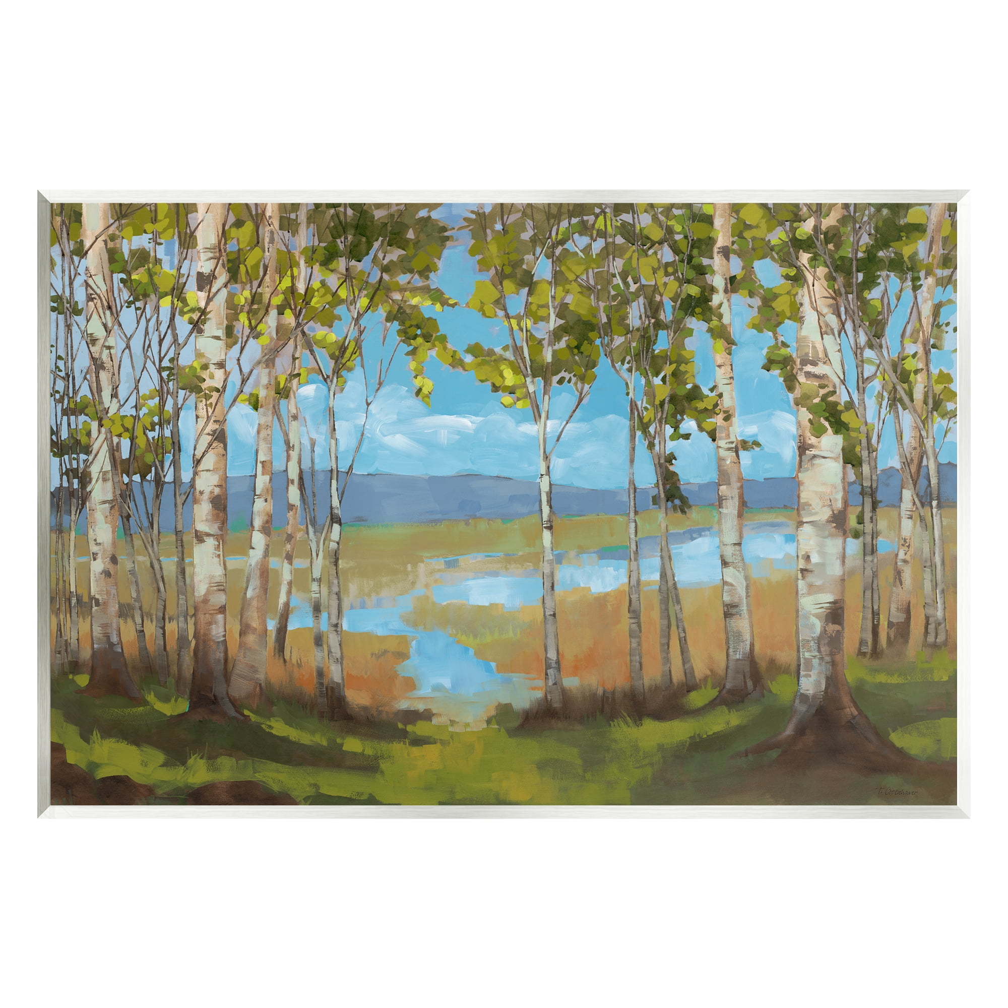 Stupell Industries Lake & Birch Tree Landscape Nature Painting Unframed Art Print Wall Art, 19 x 13