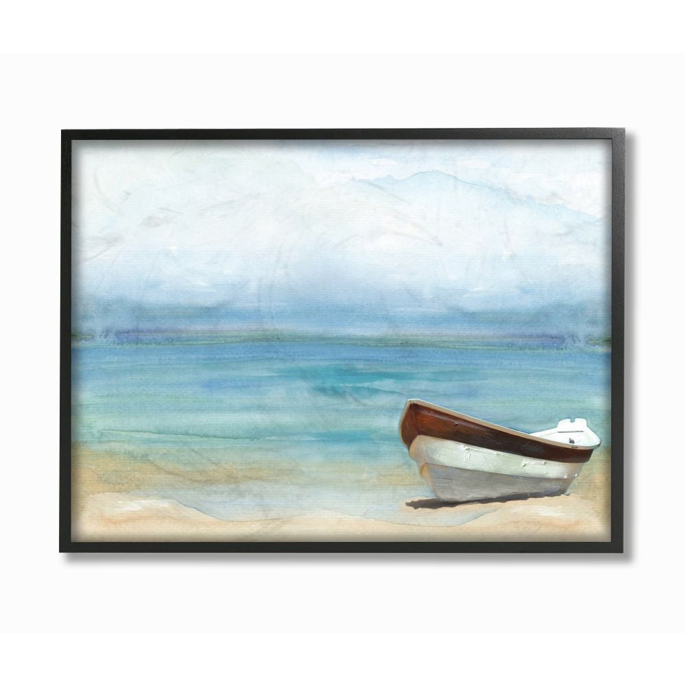 Stupell Industries Lake Boat Landscape Blue Green Watercolor Painting Framed Wall Art by Main Line Studio